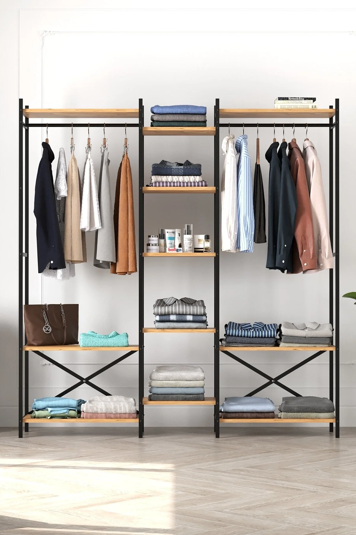 Bofigo 10 Raflı Metal Gardırop Metal Portmanto Açık Gardırop Elbise Dolabı Vestiyer Openix Çam