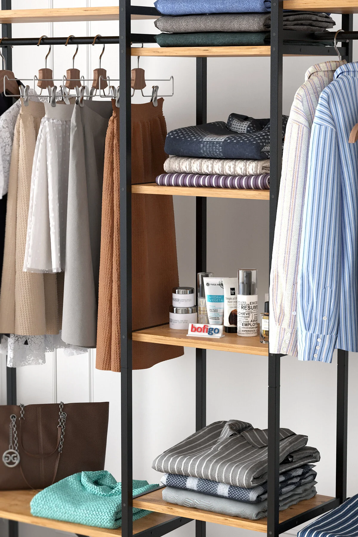 Bofigo 10 Raflı Metal Gardırop Metal Portmanto Açık Gardırop Elbise Dolabı Vestiyer Openix Çam