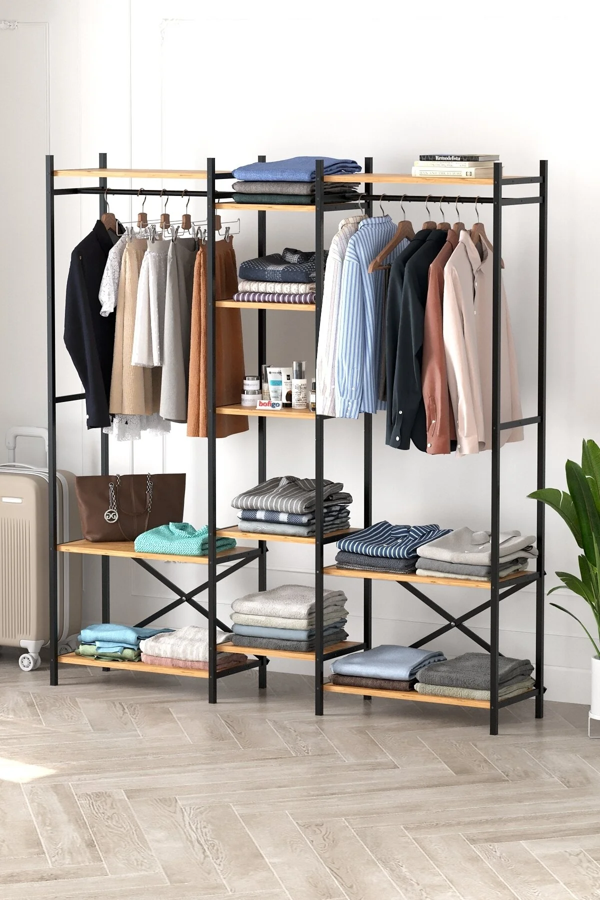 Bofigo 10 Raflı Metal Gardırop Metal Portmanto Açık Gardırop Elbise Dolabı Vestiyer Openix Çam