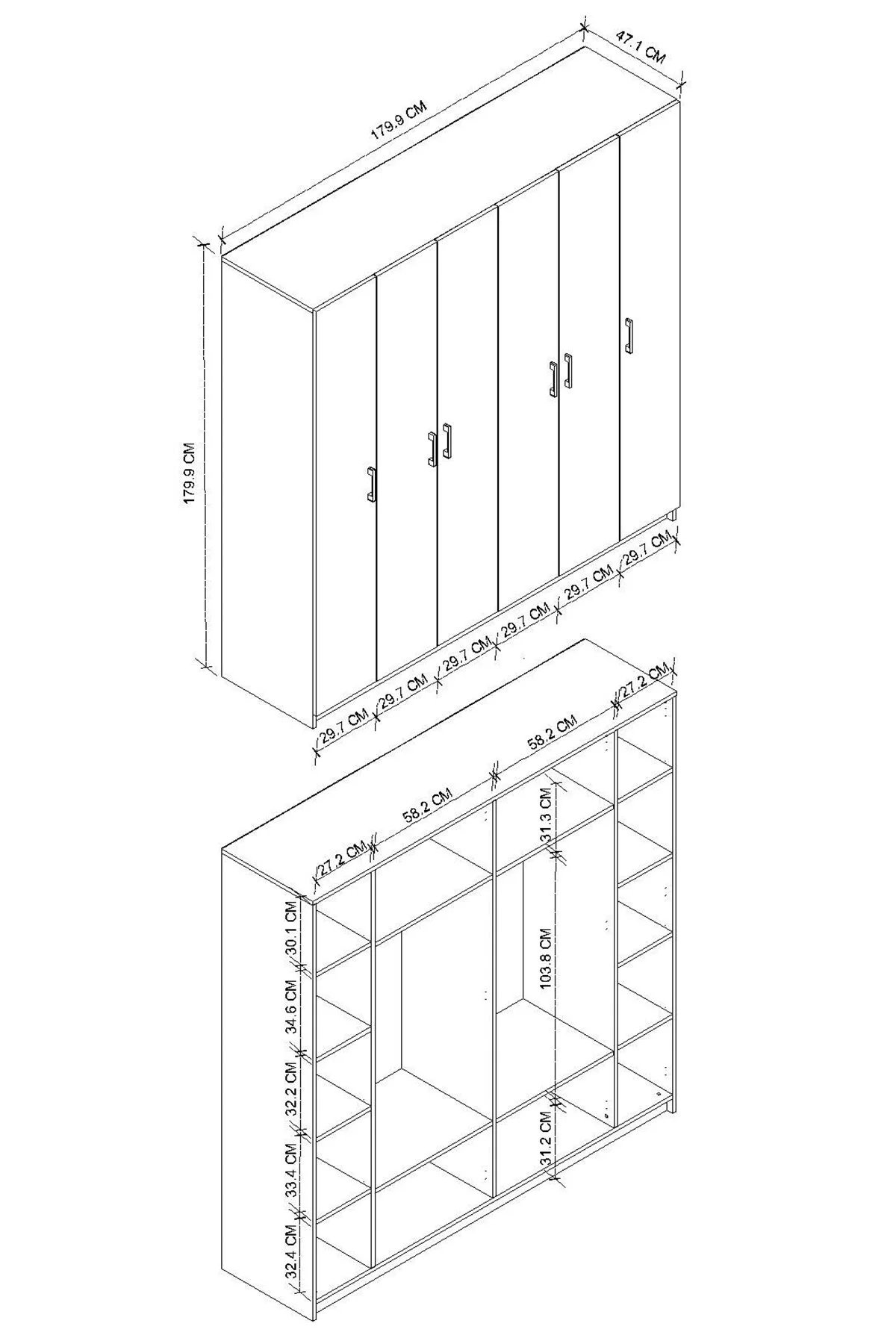Bofigo 6 Kapaklı 16 Raflı Gardırop Elbise Dolabı 6 Kapaklı Gardırop Smyrna Safir Meşe Beyaz