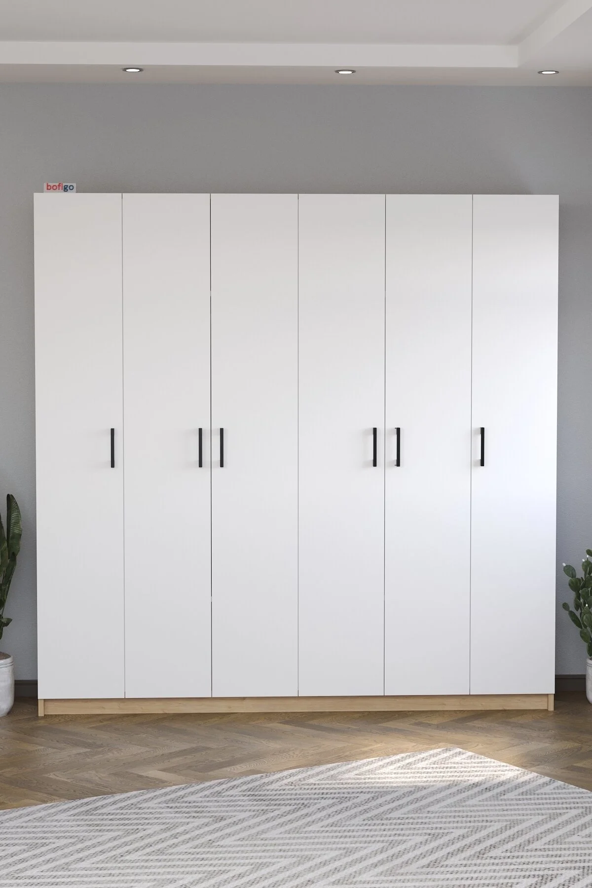 Bofigo 6 Kapaklı 16 Raflı Gardırop Elbise Dolabı 6 Kapaklı Gardırop Smyrna Safir Meşe Beyaz