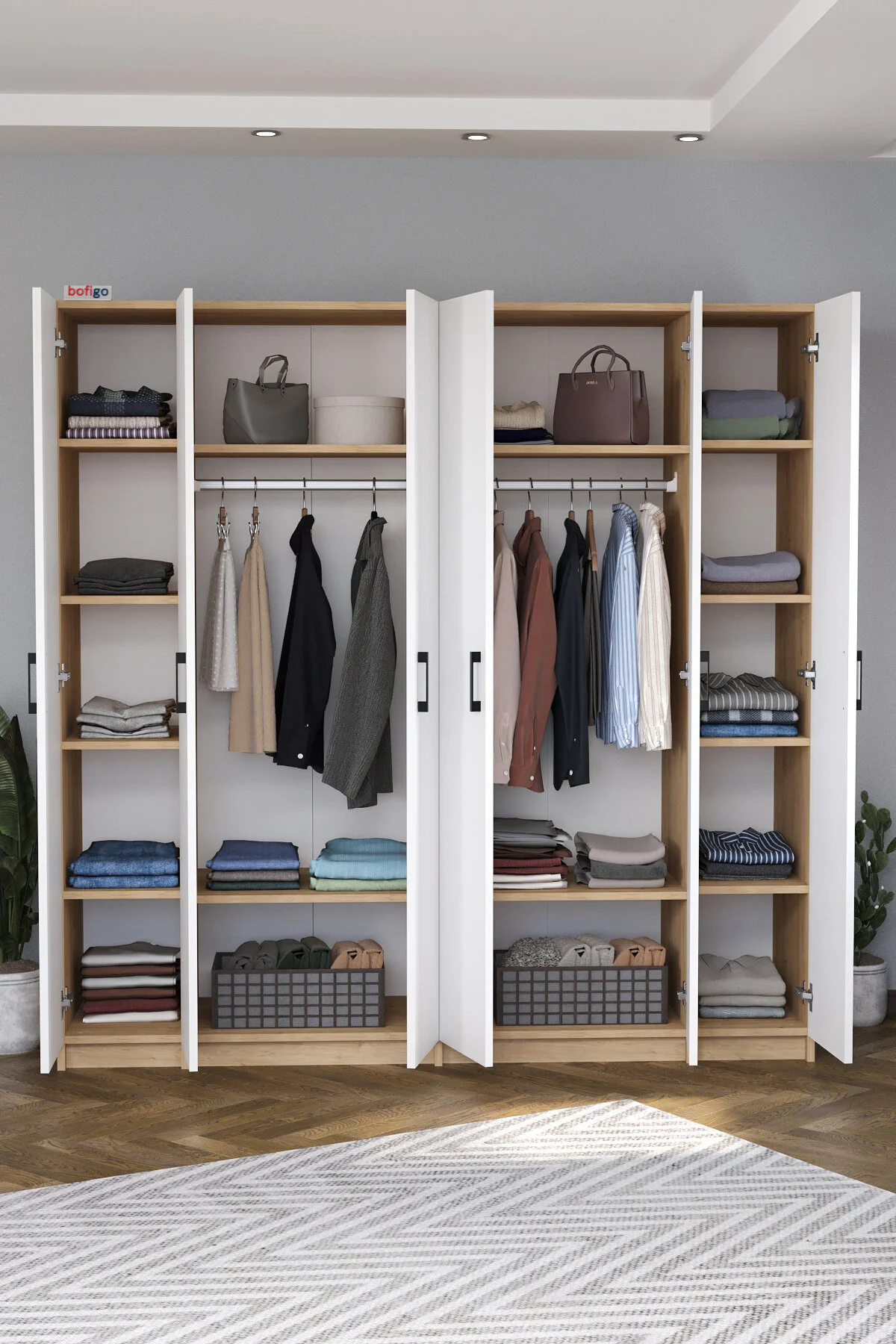 Bofigo 6 Kapaklı 16 Raflı Gardırop Elbise Dolabı 6 Kapaklı Gardırop Smyrna Safir Meşe Beyaz
