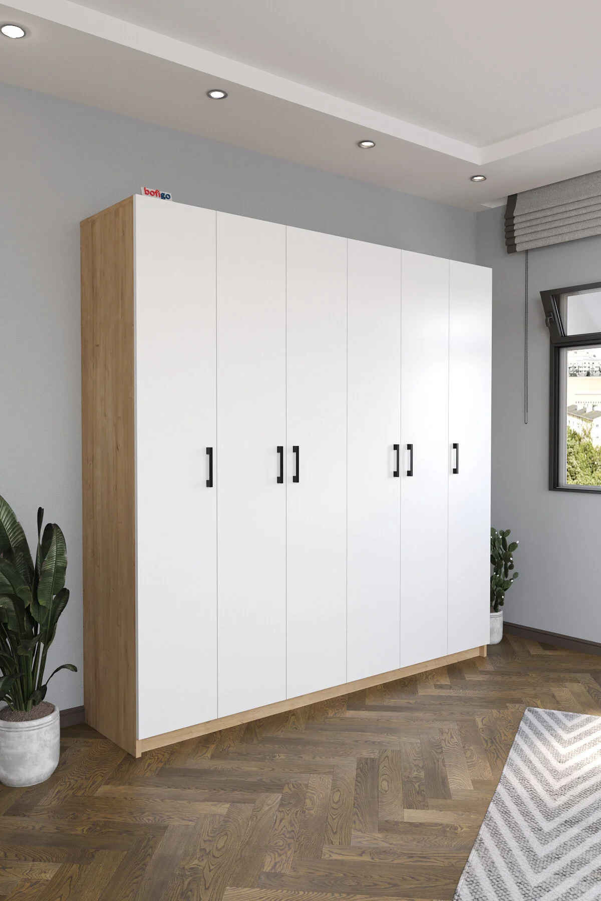 Bofigo 6 Kapaklı 16 Raflı Gardırop Elbise Dolabı 6 Kapaklı Gardırop Smyrna Safir Meşe Beyaz