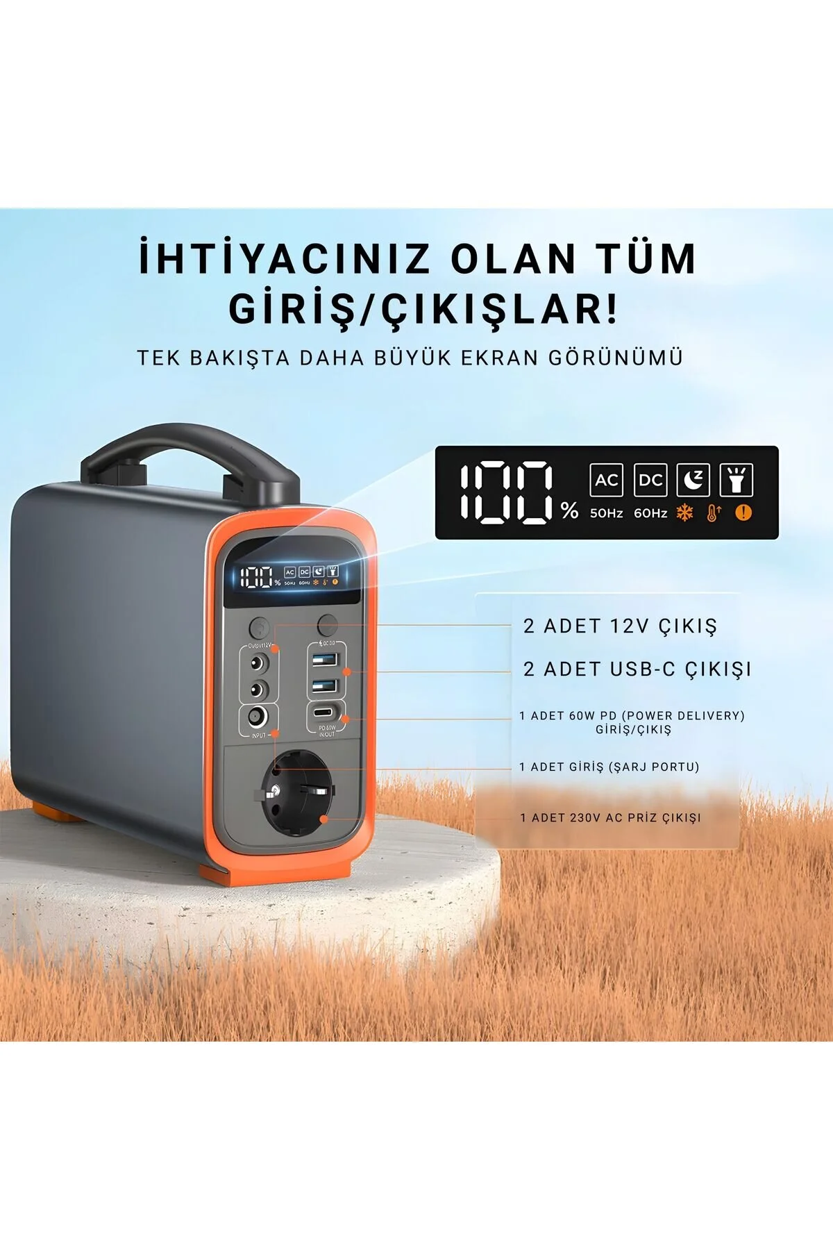 Cepini ® GT200 Taşınabilir Güç İstasyonu | 75000 mAh, 60W PD, 230V AC Priz, LED Ekran