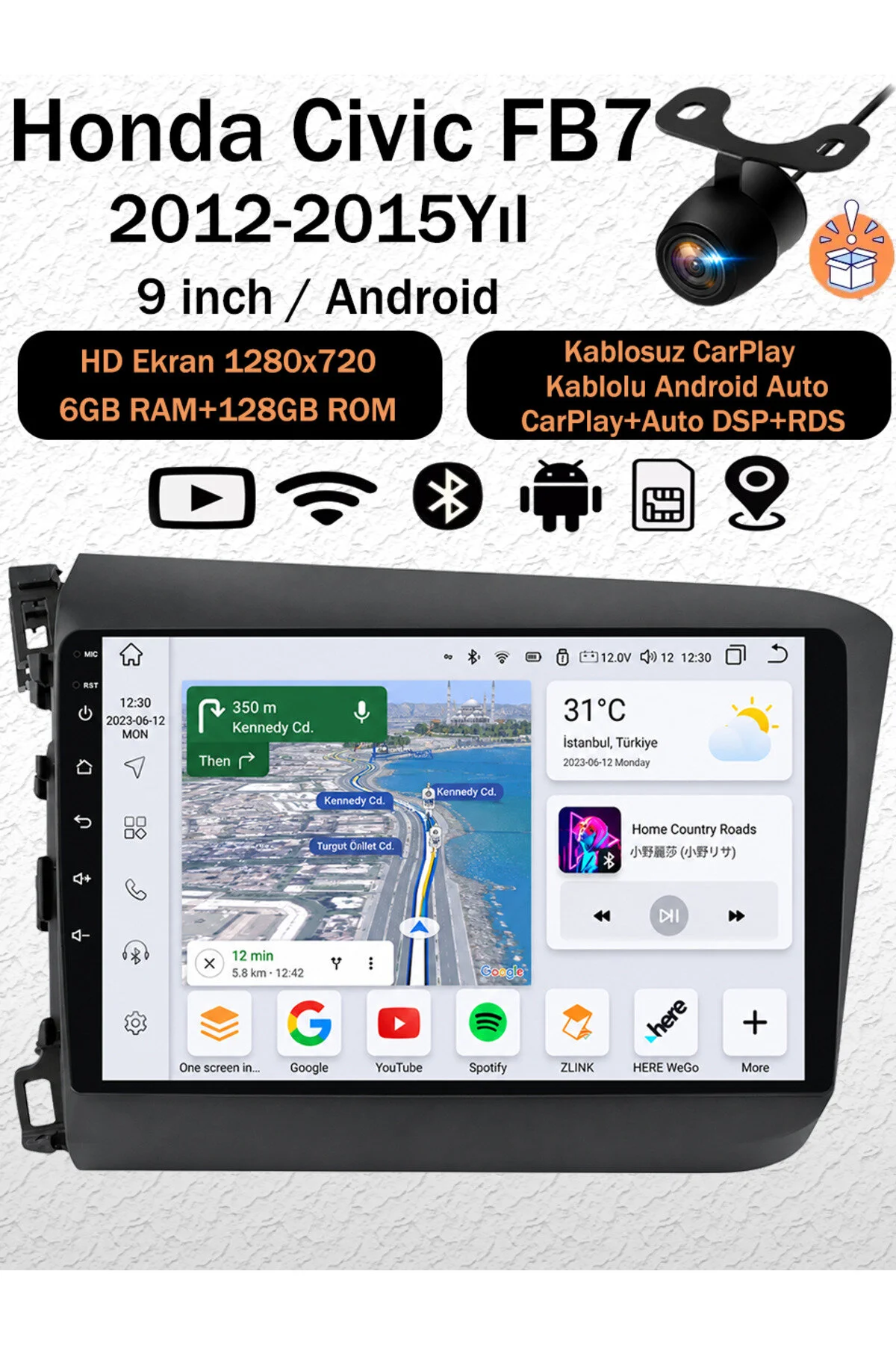 coni Honda Civic FB7 2012-2015 Uyumlu Android Navigasyon Multimedya Tesla Ekran Kablosuz CarPlay Android Auto Kameralı 6GB RAM 128GB
