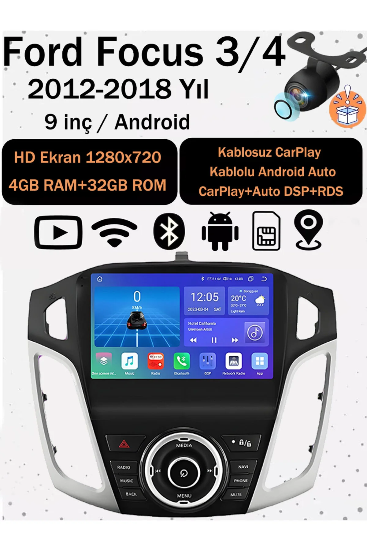 CONION Ford Focus 3/4 2012-2018 Uyumlu 9 İnç Ekran Android 14 Kablosuz Carplay 4GB Ram 32GB Rom Navigasyon Multimedya