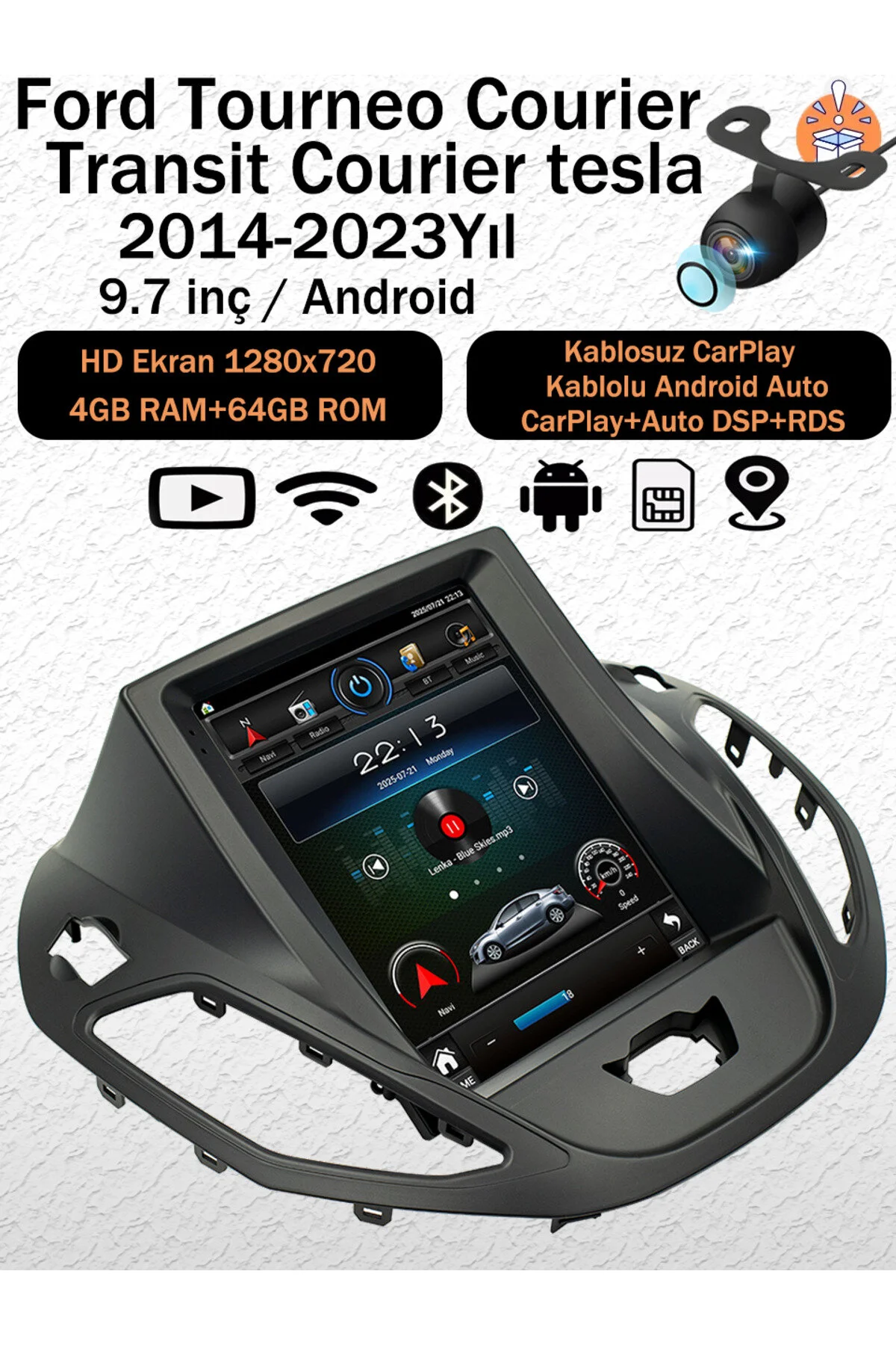CONION Ford Tourneo Courier 2014-2023 Uyumlu 9.7 İnç Tesla Ekran Android 14 Multimedya Navigasyon Kablosuz CarPlay Android Auto Geri Görüş Kameralı 4GB RAM 64GB Hafıza