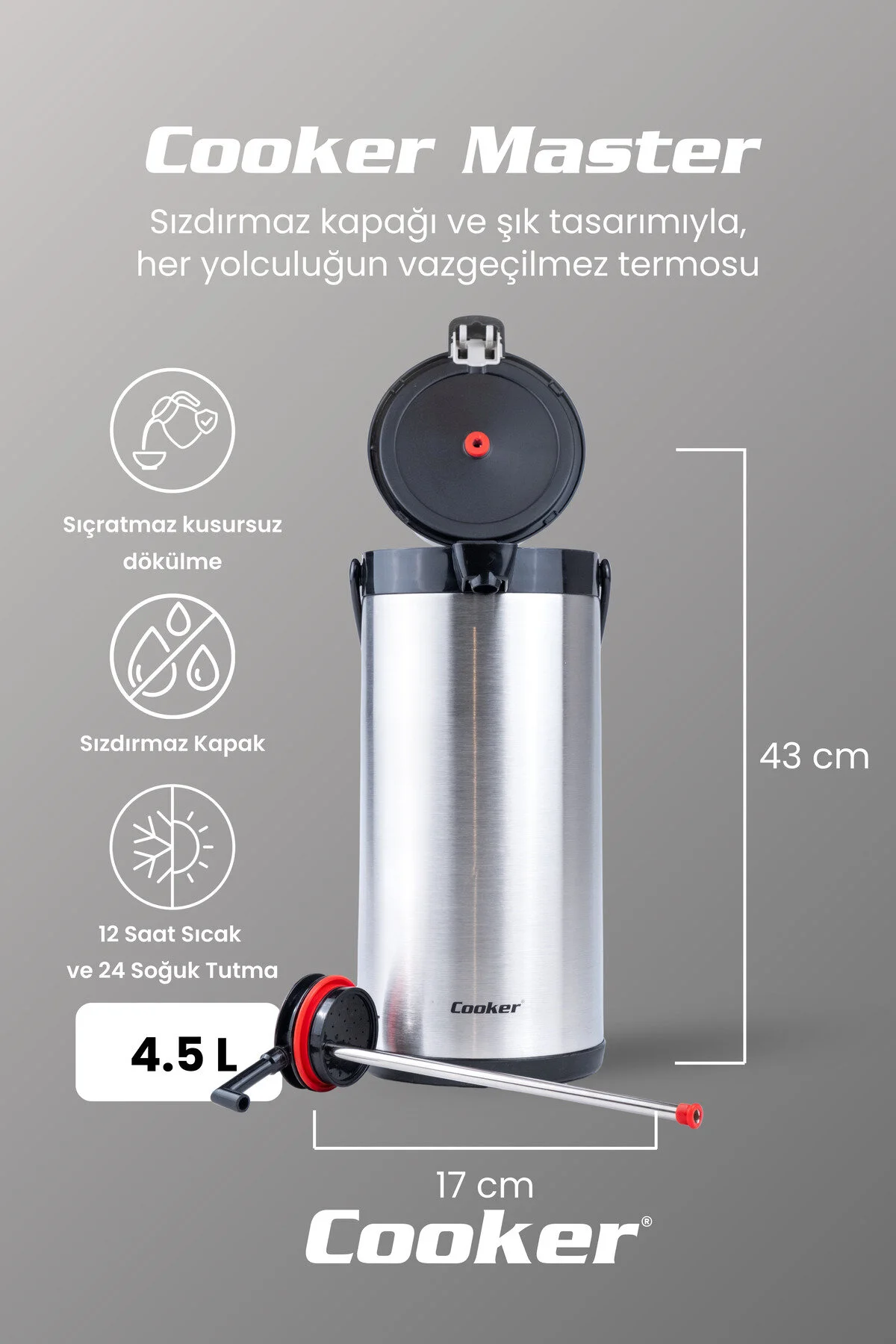 Cooker 4.5 Litre Paslanmaz Çelik Pompalı Termos CKR2009