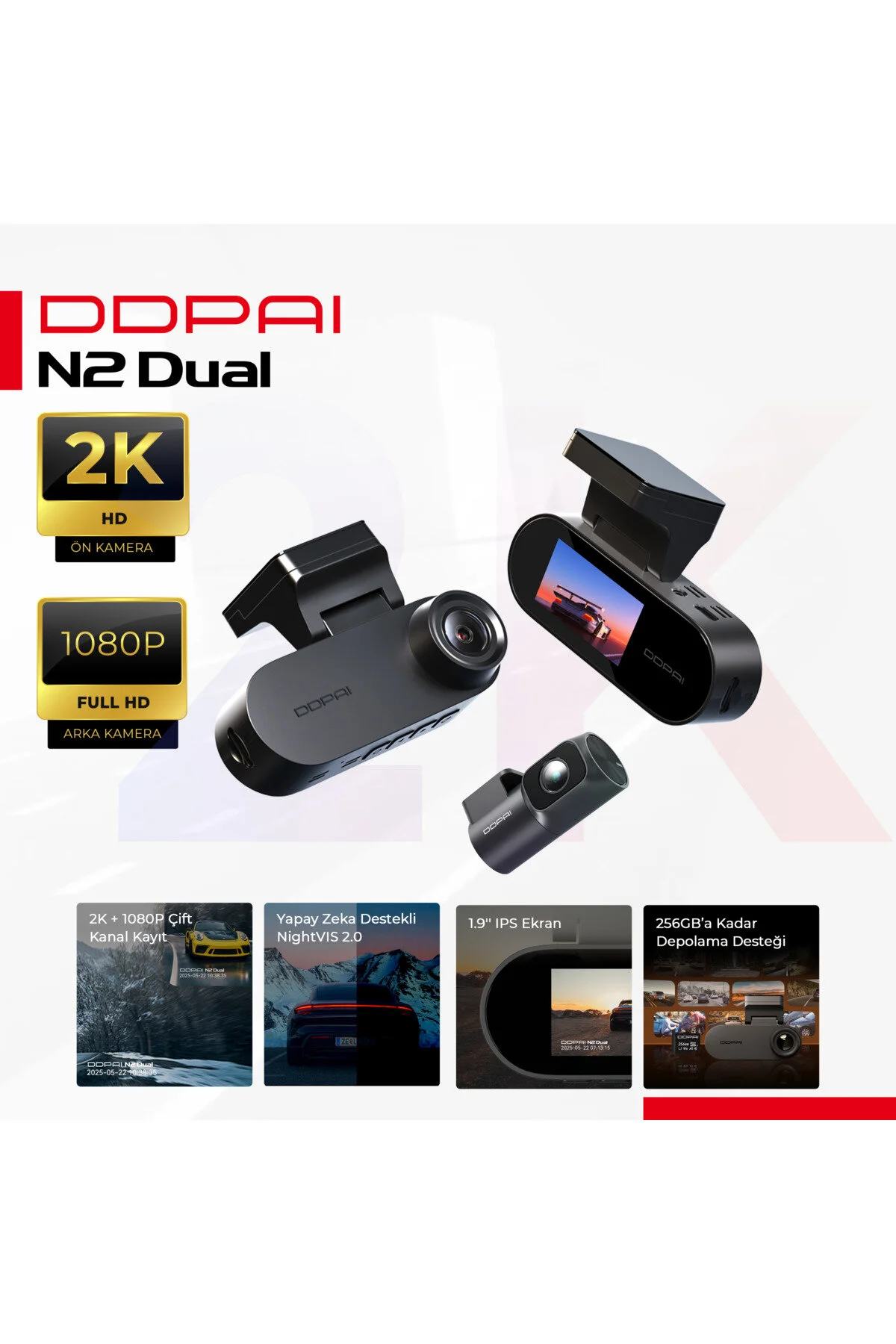 DDPAI N2 Dual Araç Kamerası 2K Ön Arka WiFi Gece Görüş Park Modu