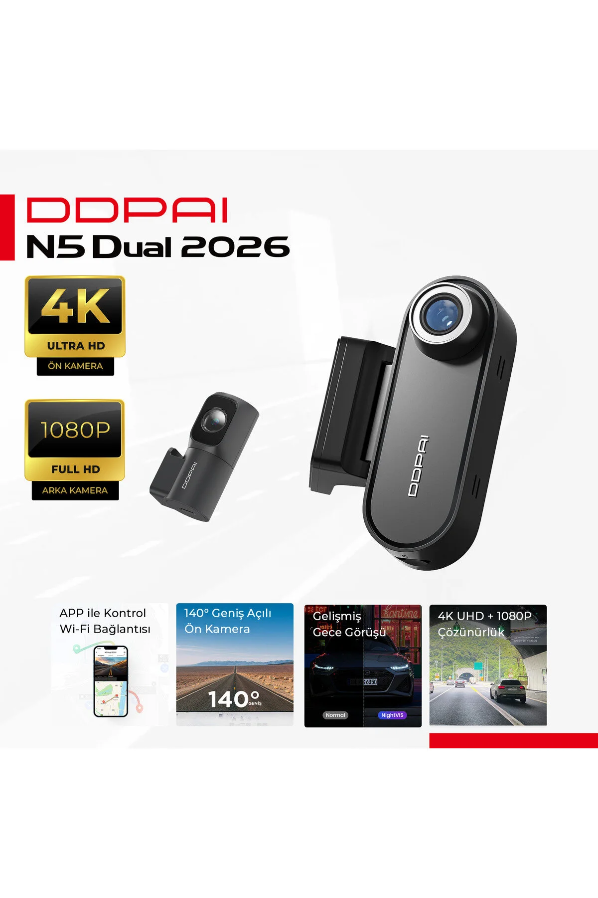 DDPAI N5 Dual Araç Kamerası Ön Arka Kamera 4K Kayıt WiFi GPS