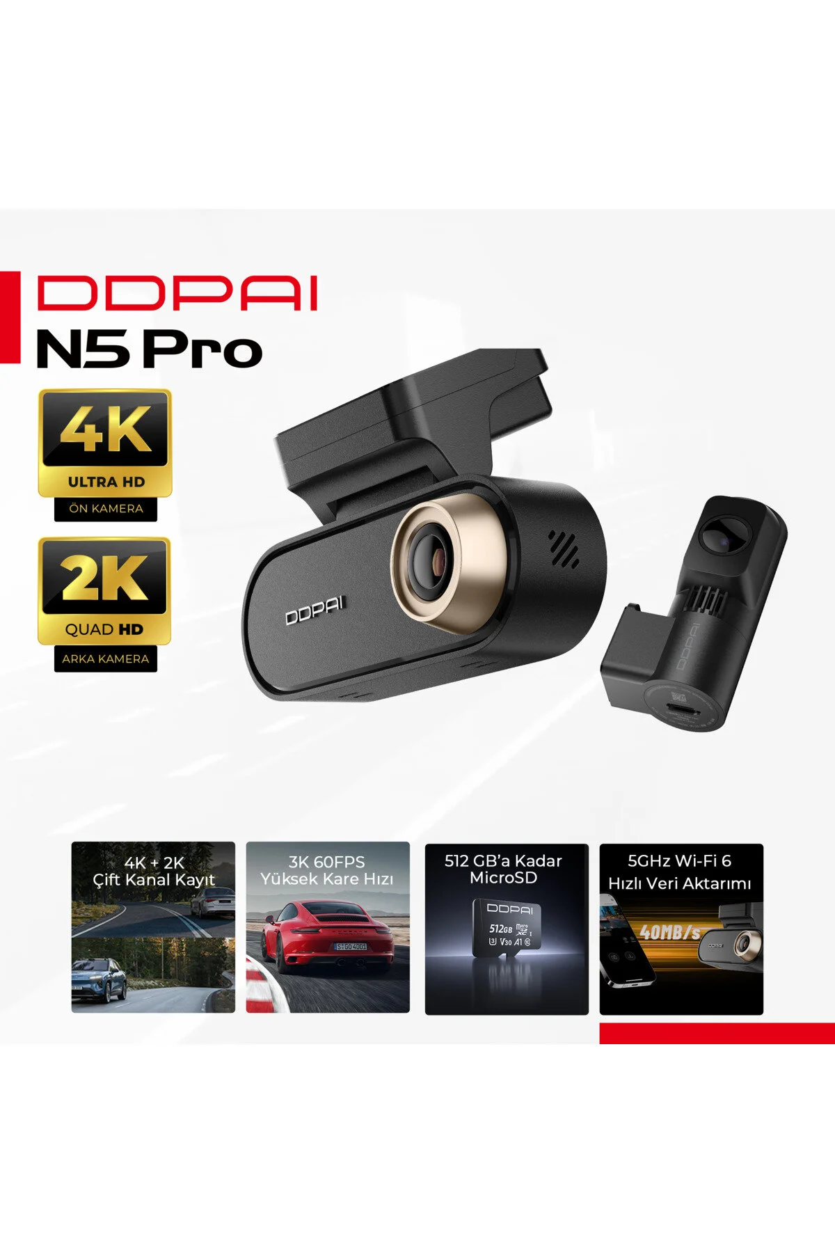 DDPAI N5 Pro Dual Araç Kamerası 4K+2K 4G WiFi 6 GPS Radar Park Gece Görüş Dashcam