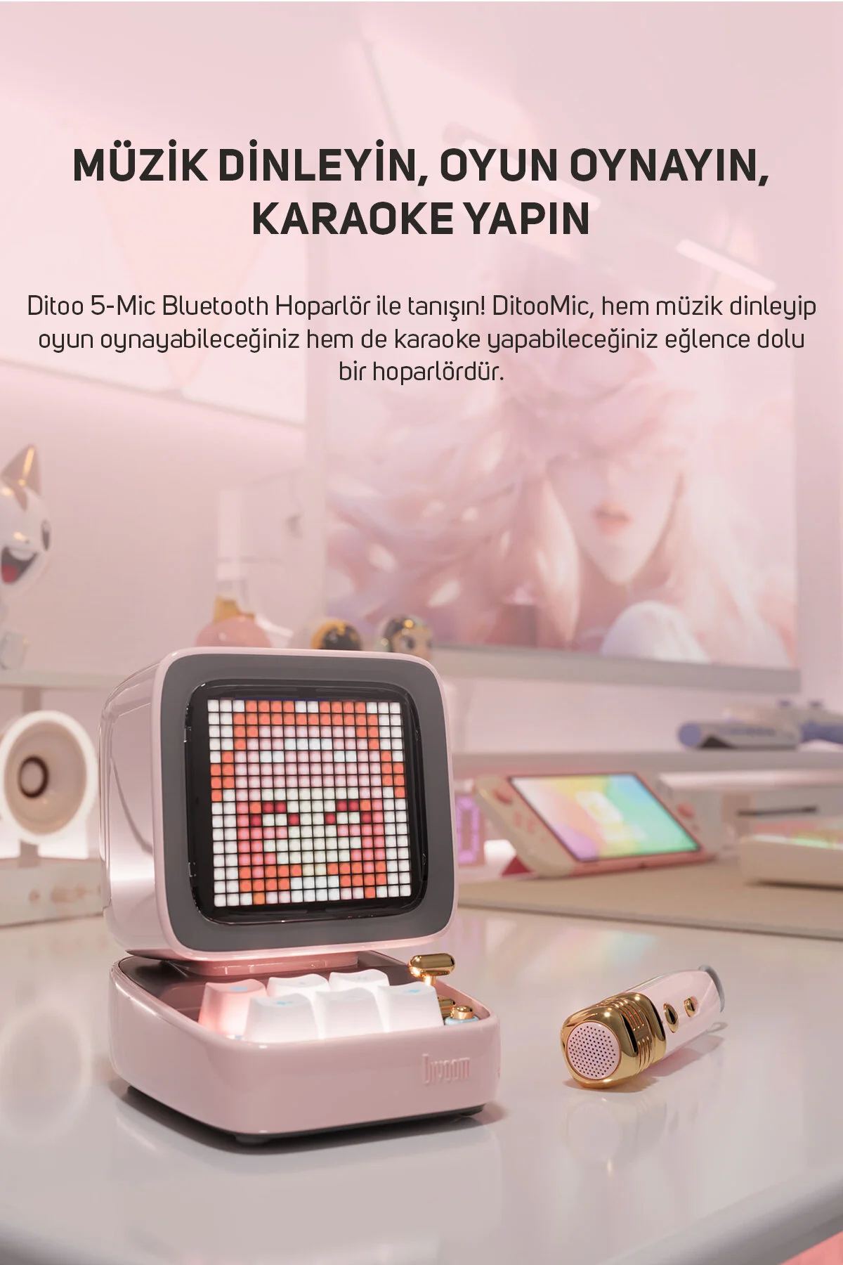 Divoom Ditoo 5-Mic Karaoke Mikrofonlu Uyarlanabilir Piksel Ekranlı Bluetooth Hoparlör, Pembe