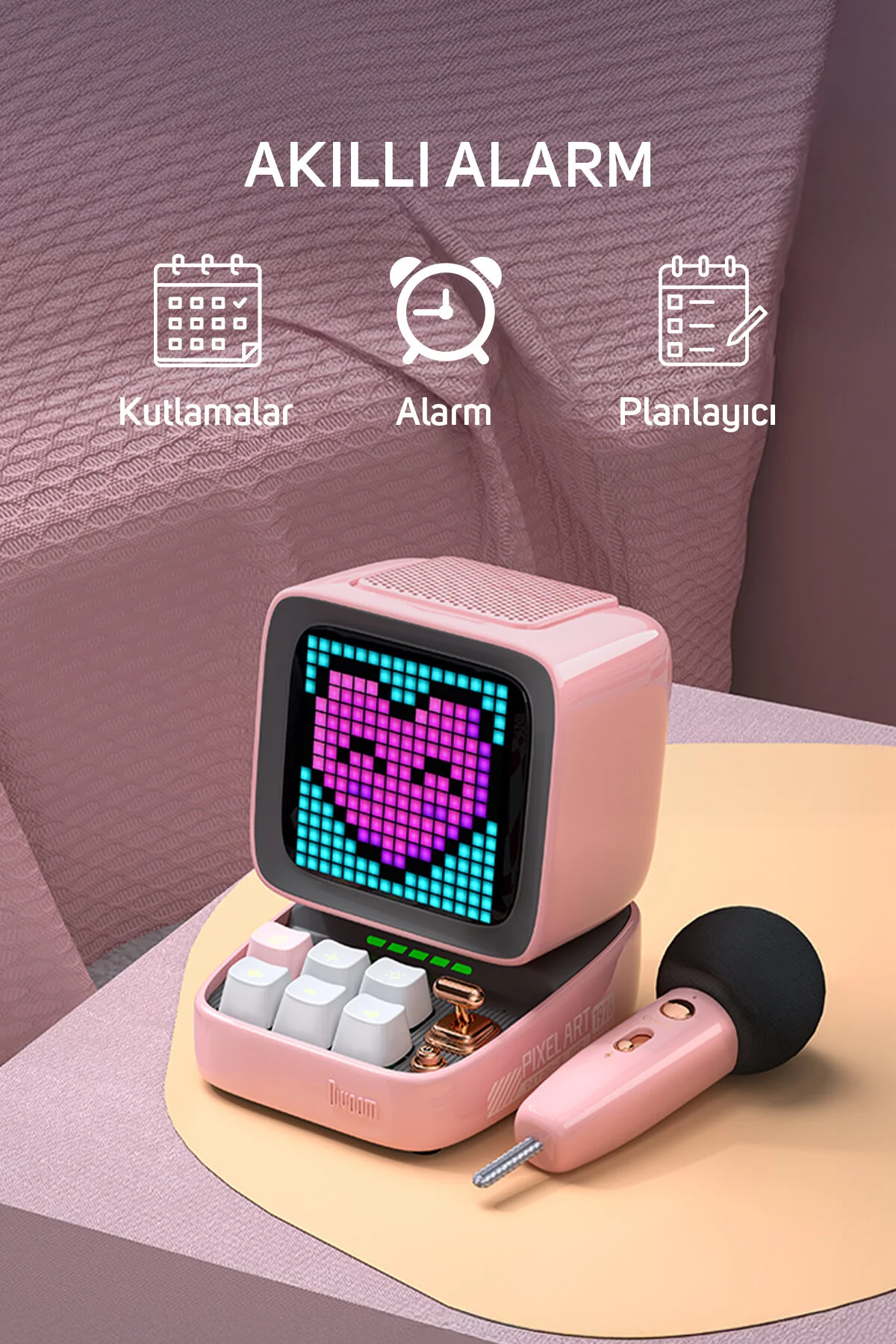 Divoom Ditoo 5-Mic Karaoke Mikrofonlu Uyarlanabilir Piksel Ekranlı Bluetooth Hoparlör, Pembe