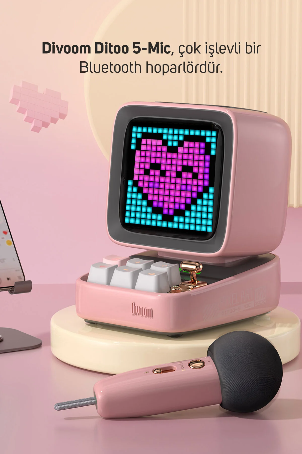 Divoom Ditoo 5-Mic Karaoke Mikrofonlu Uyarlanabilir Piksel Ekranlı Bluetooth Hoparlör, Pembe