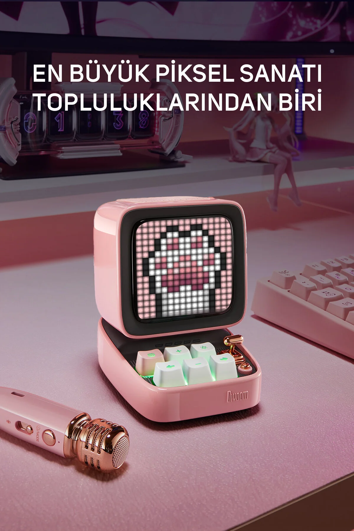 Divoom Ditoo 5-Mic Karaoke Mikrofonlu Uyarlanabilir Piksel Ekranlı Bluetooth Hoparlör, Pembe