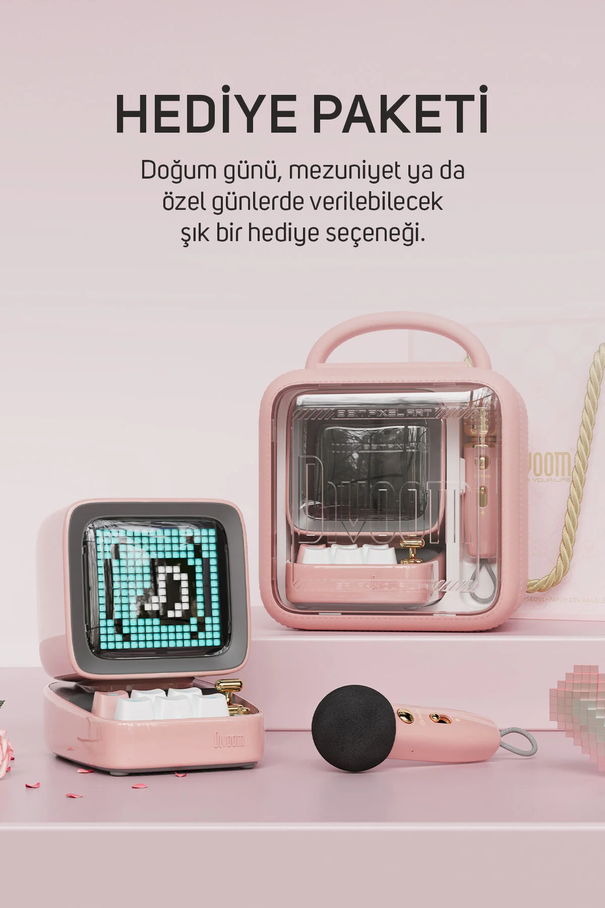 Divoom Ditoo 5-Mic Karaoke Mikrofonlu Uyarlanabilir Piksel Ekranlı Bluetooth Hoparlör, Pembe