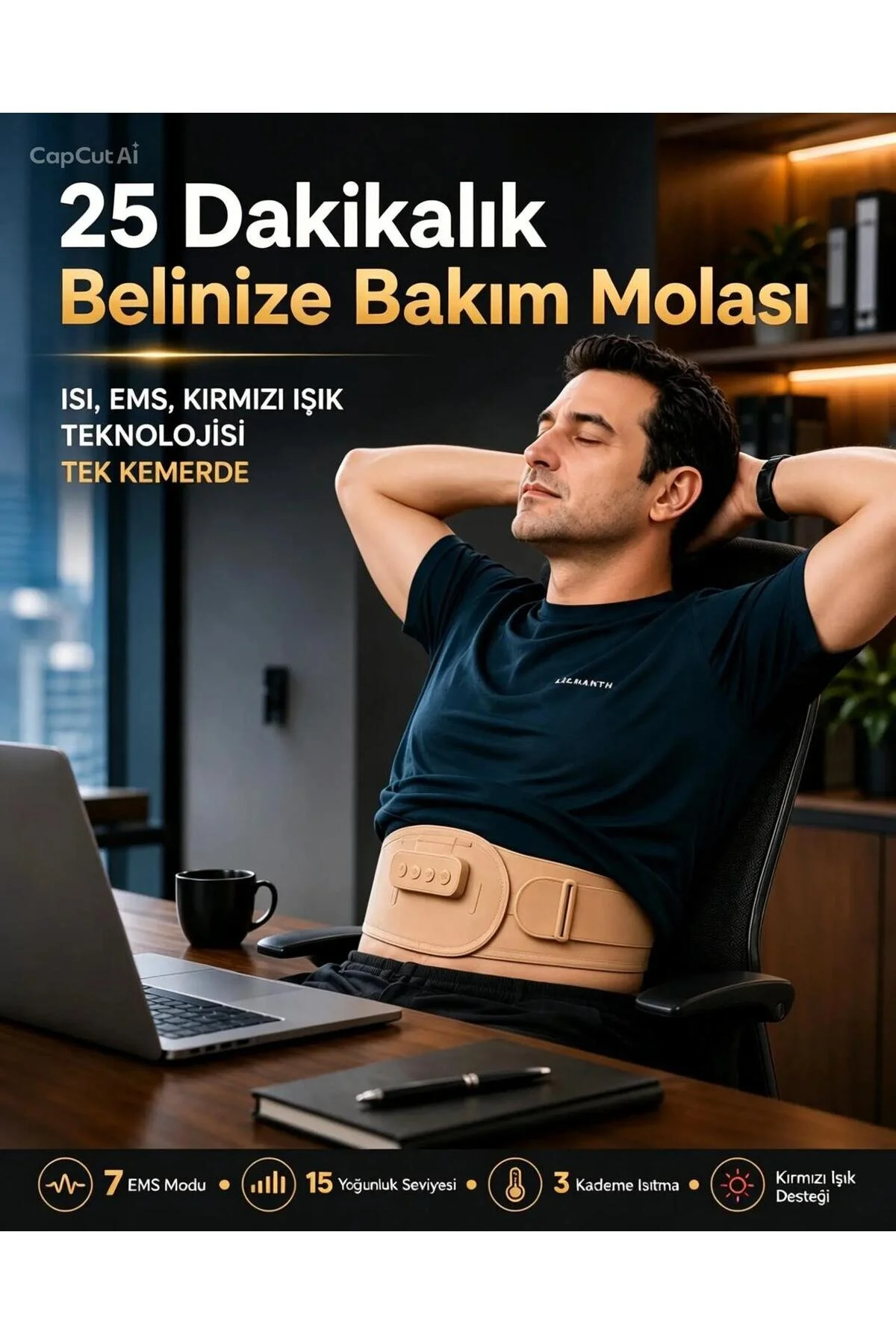 Eldi Medikal EMS Isıtmalı Bel Masaj Kemeri 7 Mod 15 Kademe Kırmızı Işık Destekli Type-C Şarjlı