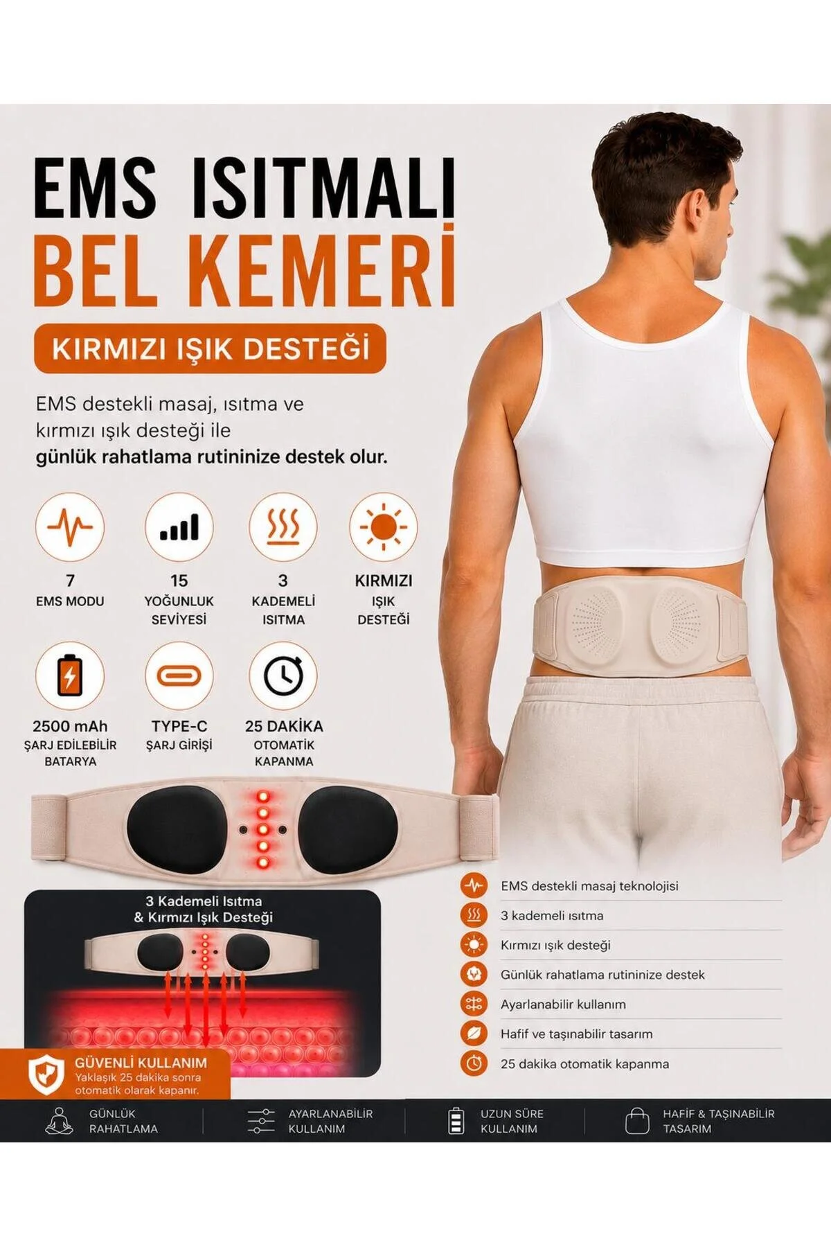 Eldi Medikal EMS Isıtmalı Bel Masaj Kemeri 7 Mod 15 Kademe Kırmızı Işık Destekli Type-C Şarjlı