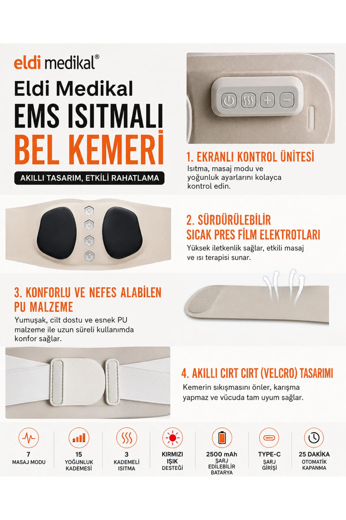 Eldi Medikal EMS Isıtmalı Bel Masaj Kemeri 7 Mod 15 Kademe Kırmızı Işık Destekli Type-C Şarjlı