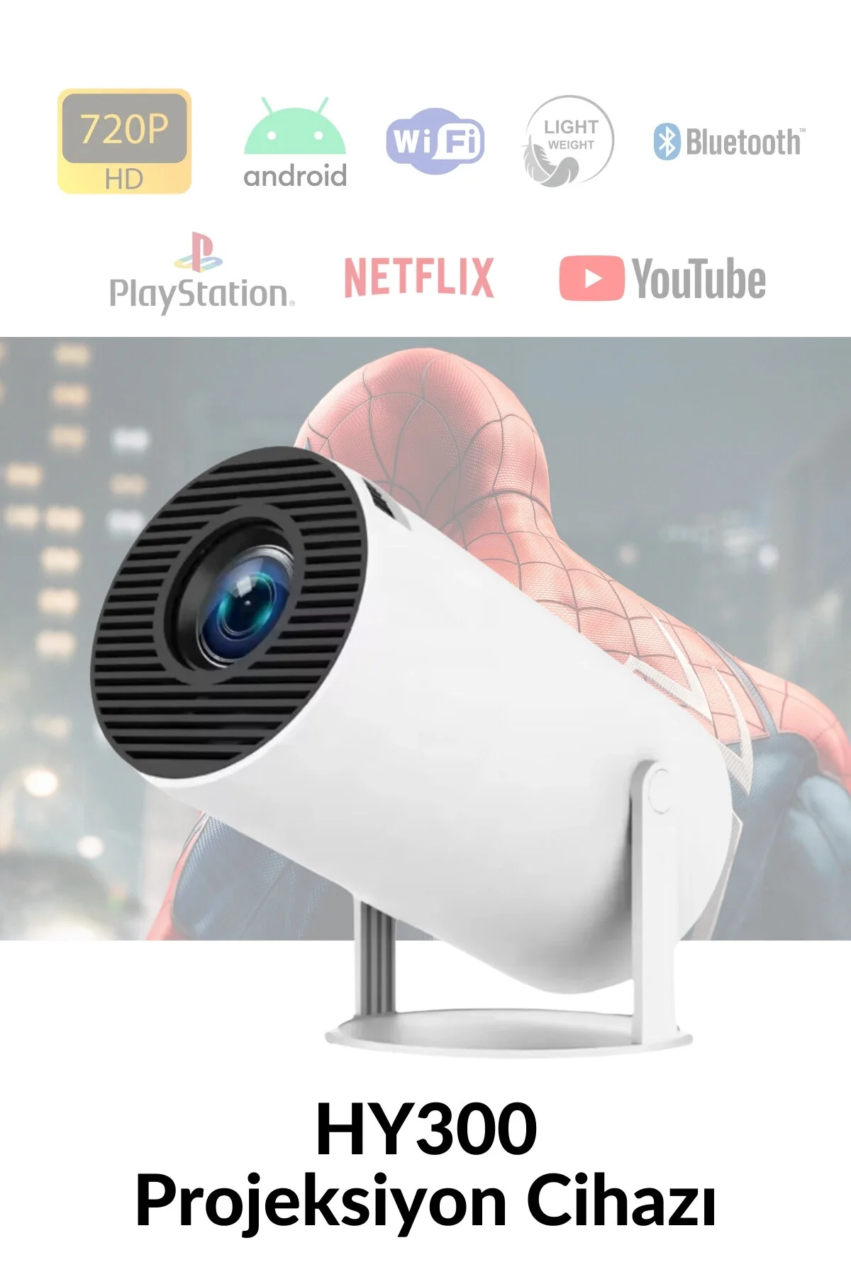 ELECTROZEN HY300-1 Taşınabilir Projektör 1080P Android Son Sürüm Kablosuz Bağlantı Mini Ev Sineması 4K yansıtma
