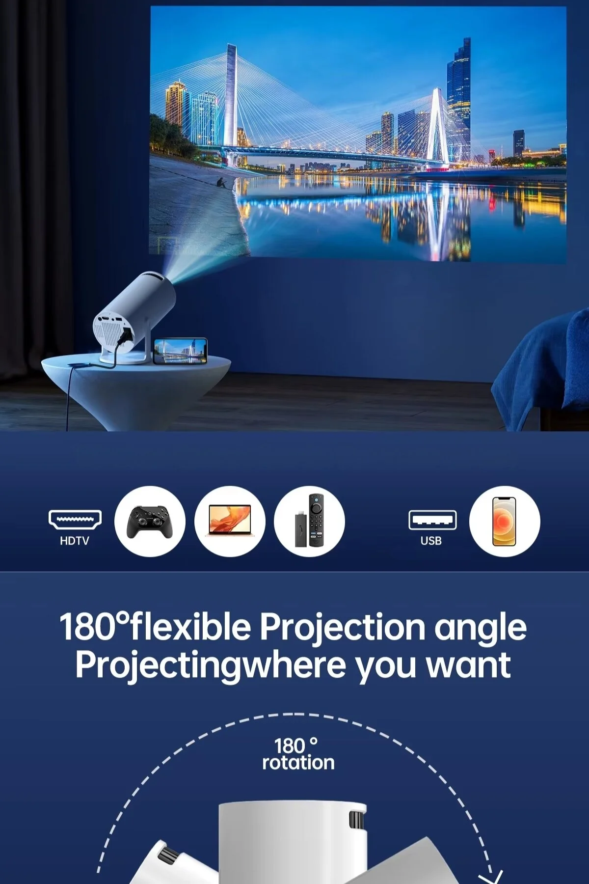 ELECTROZEN HY300-1 Taşınabilir Projektör 1080P Android Son Sürüm Kablosuz Bağlantı Mini Ev Sineması 4K yansıtma