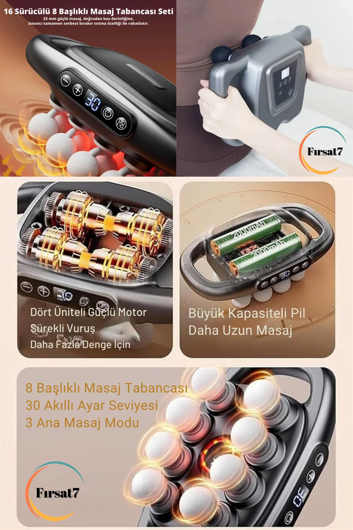 Fırsat7 8 Başlıklı Şarjlı Isıtmalı Masaj Aleti LCD Ekran Masaj Tabancası Uzun Pil Ömrü Sessiz Masaj Cihazı