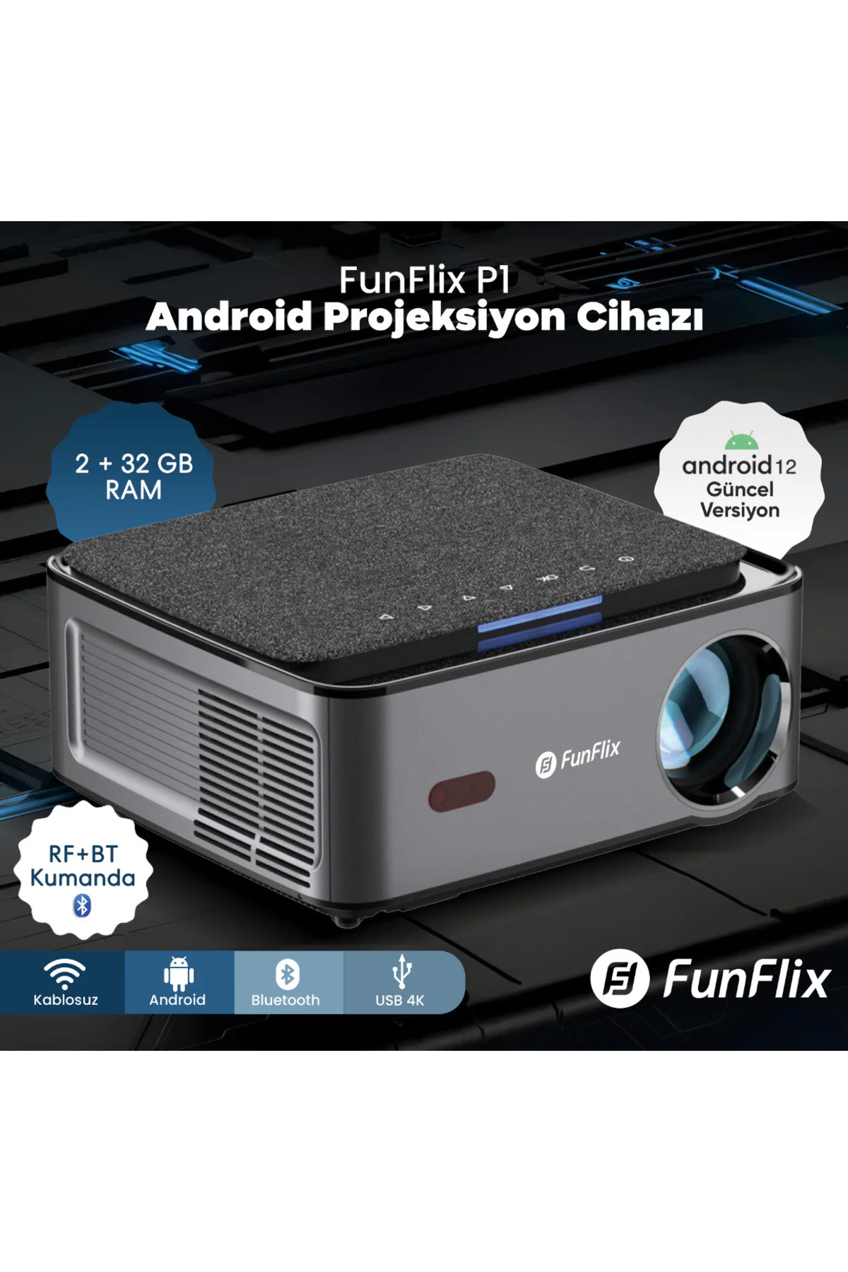 FunFlix P1 Android 4K Destekli LED Full Hd Projeksiyon Cihazı, Bluetooth, 150W Lamba, 300 Inç