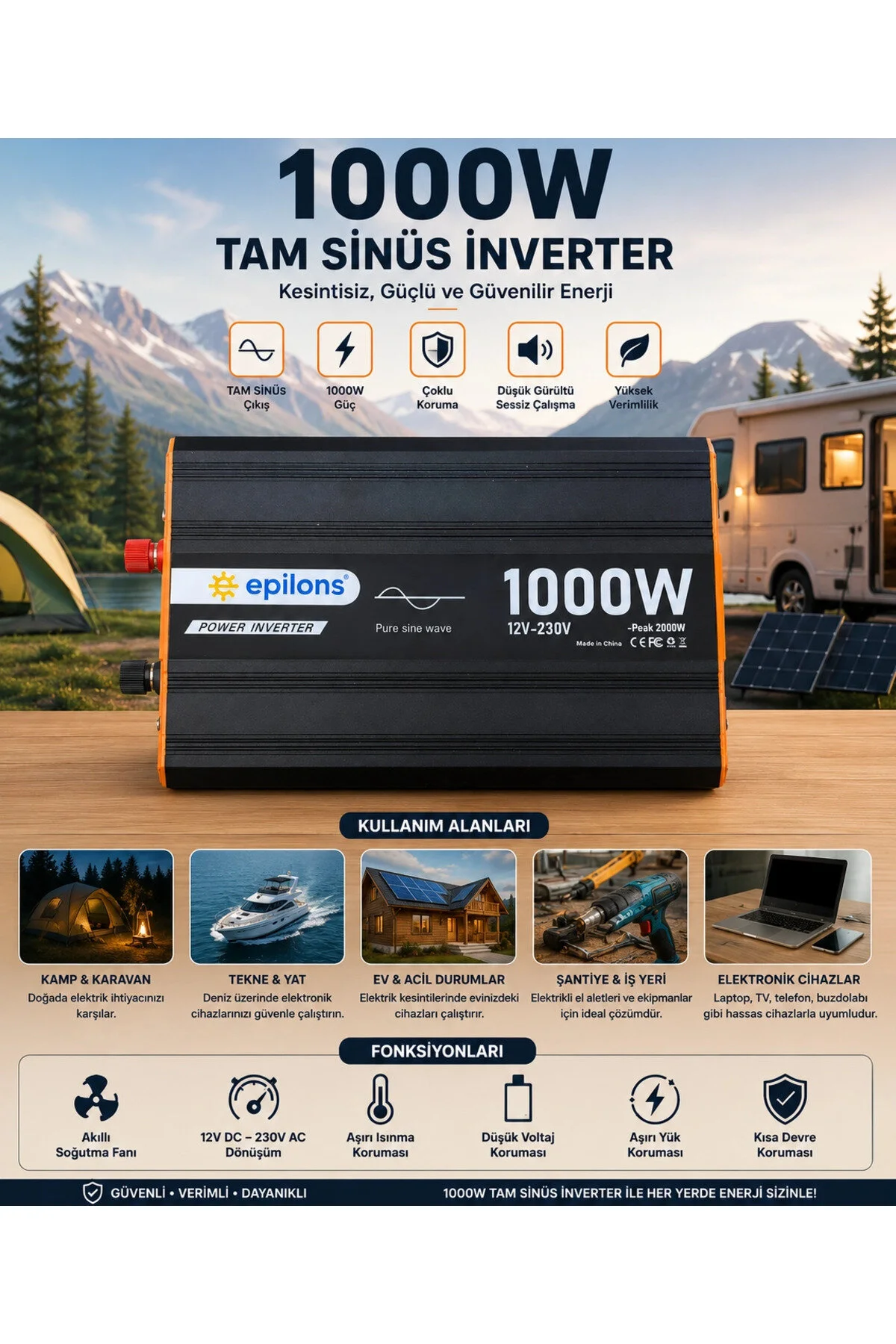 Genel Markalar 1000W Tam Sinüs İnverter 12V AC Çevirici | Sessiz Fanlı, USB Çıkışlı, Araç Karavan Tekne Solar Uyuml