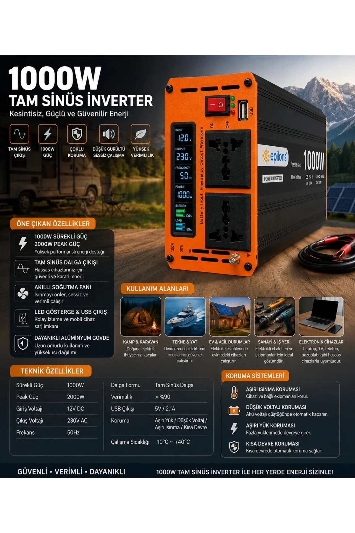 Genel Markalar 1000W Tam Sinüs İnverter 12V AC Çevirici | Sessiz Fanlı, USB Çıkışlı, Araç Karavan Tekne Solar Uyuml