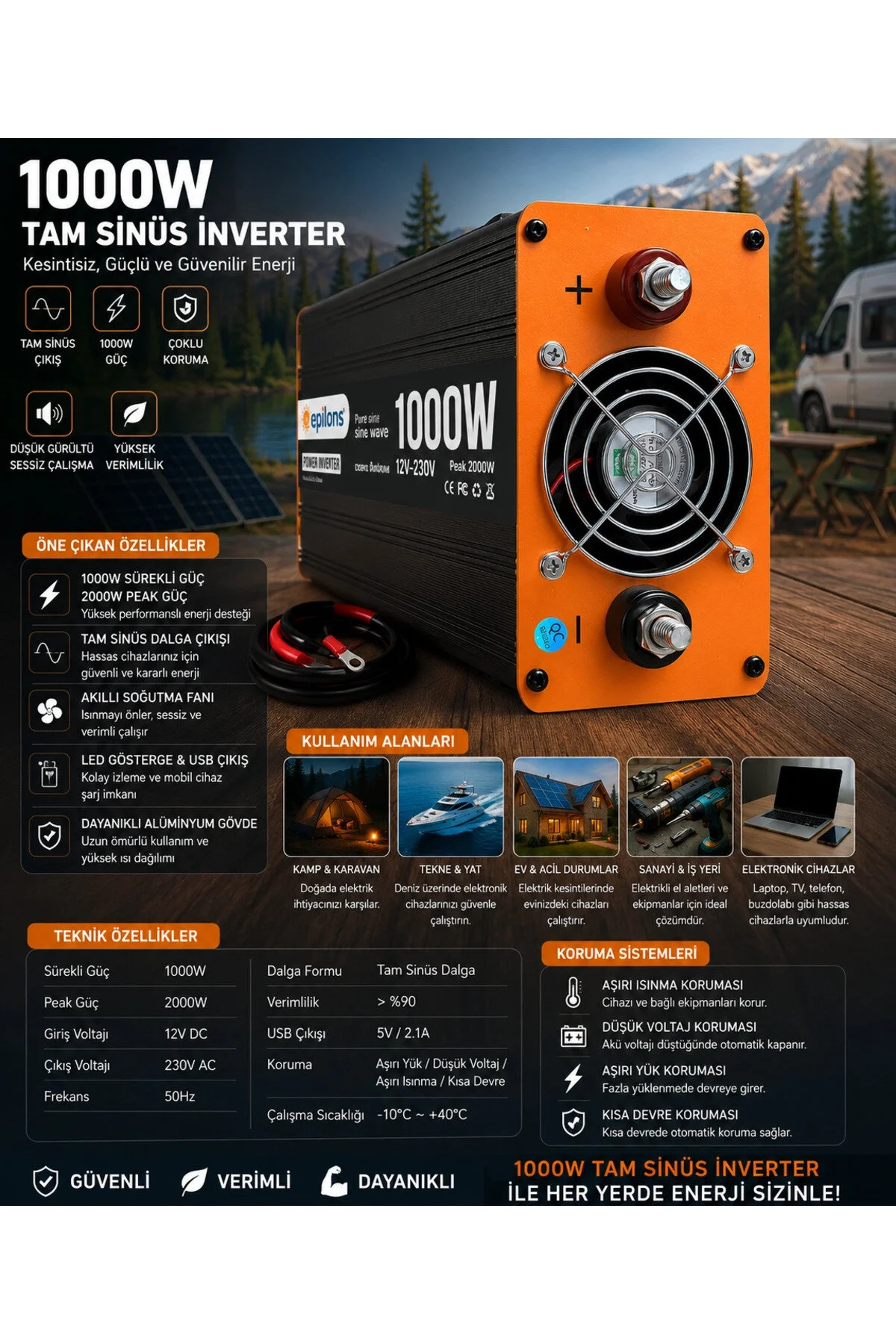 Genel Markalar 1000W Tam Sinüs İnverter 12V AC Çevirici | Sessiz Fanlı, USB Çıkışlı, Araç Karavan Tekne Solar Uyuml
