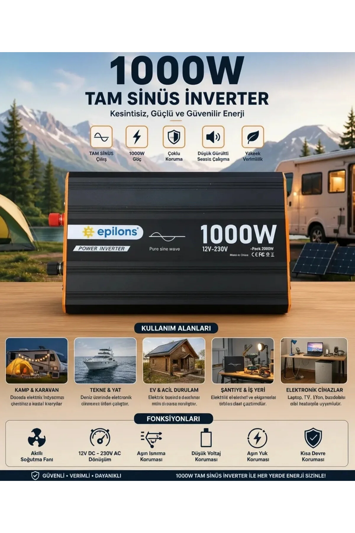 Genel Markalar 1000W Tam Sinüs İnverter 12V AC Çevirici | Sessiz Fanlı, USB Çıkışlı, Araç Karavan Tekne Solar Uyuml