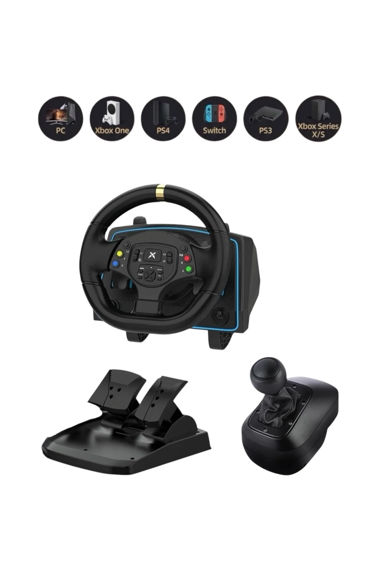 Genel Markalar Oyuncu Direksiyon Seti - PC, PS4, PS3, Xbox One S/X ,Switch Uyumlu, Otomatik Vitesli, Deri Kaplama Led Işıklı Hoparlörlü 270 Derece