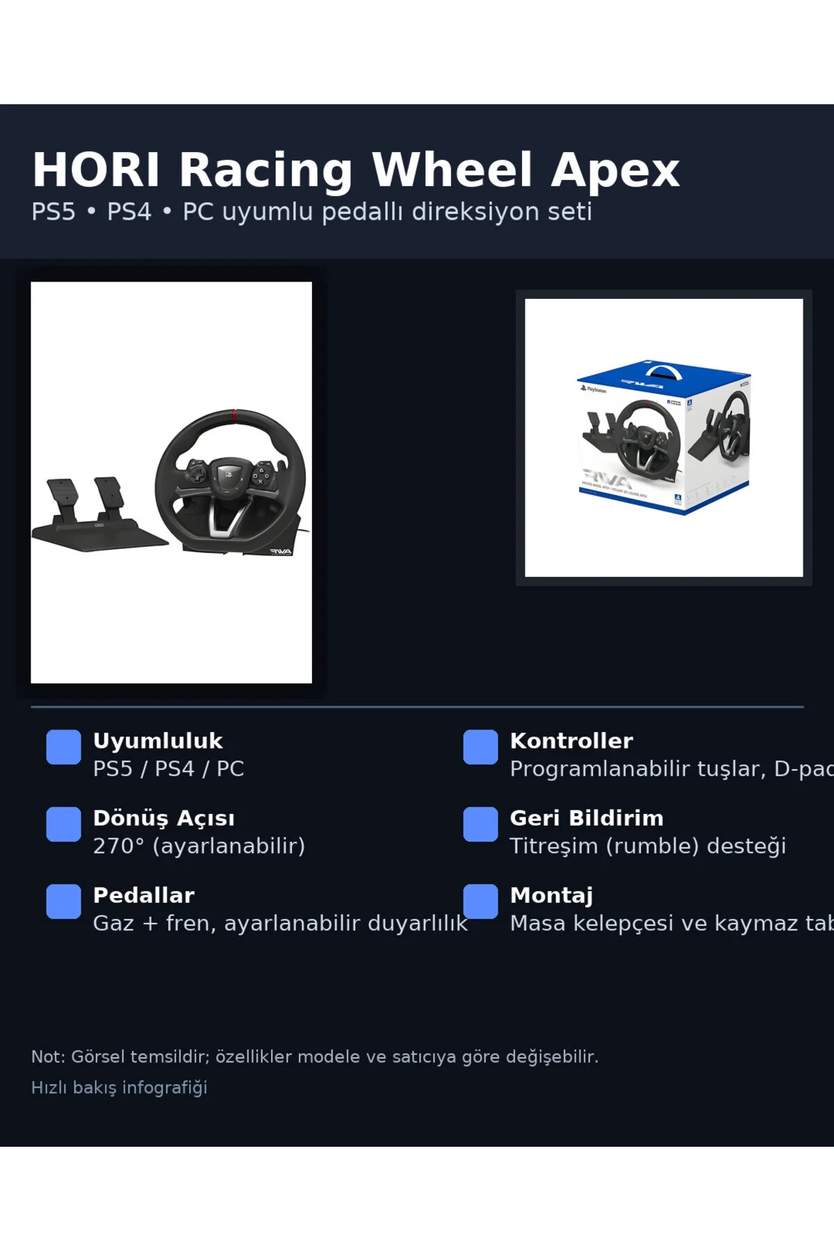 Genel Markalar Racing Wheel APEX Direksiyon Seti – PS5/PS4/PC Uyumlu, Pedallı, 270° Ayarlanabilir