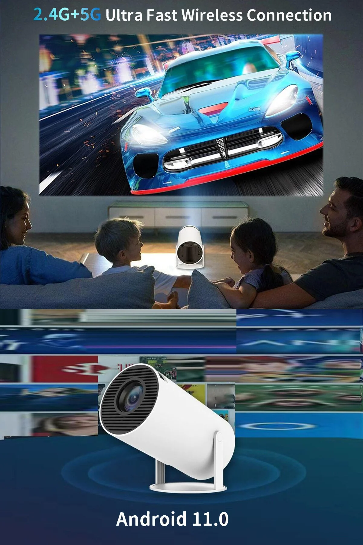 Happy Owl Taşınabilir Sinema Projektörü 4K Ev Sineması Android 12 130" inç Yansıtma Projeksiyon.