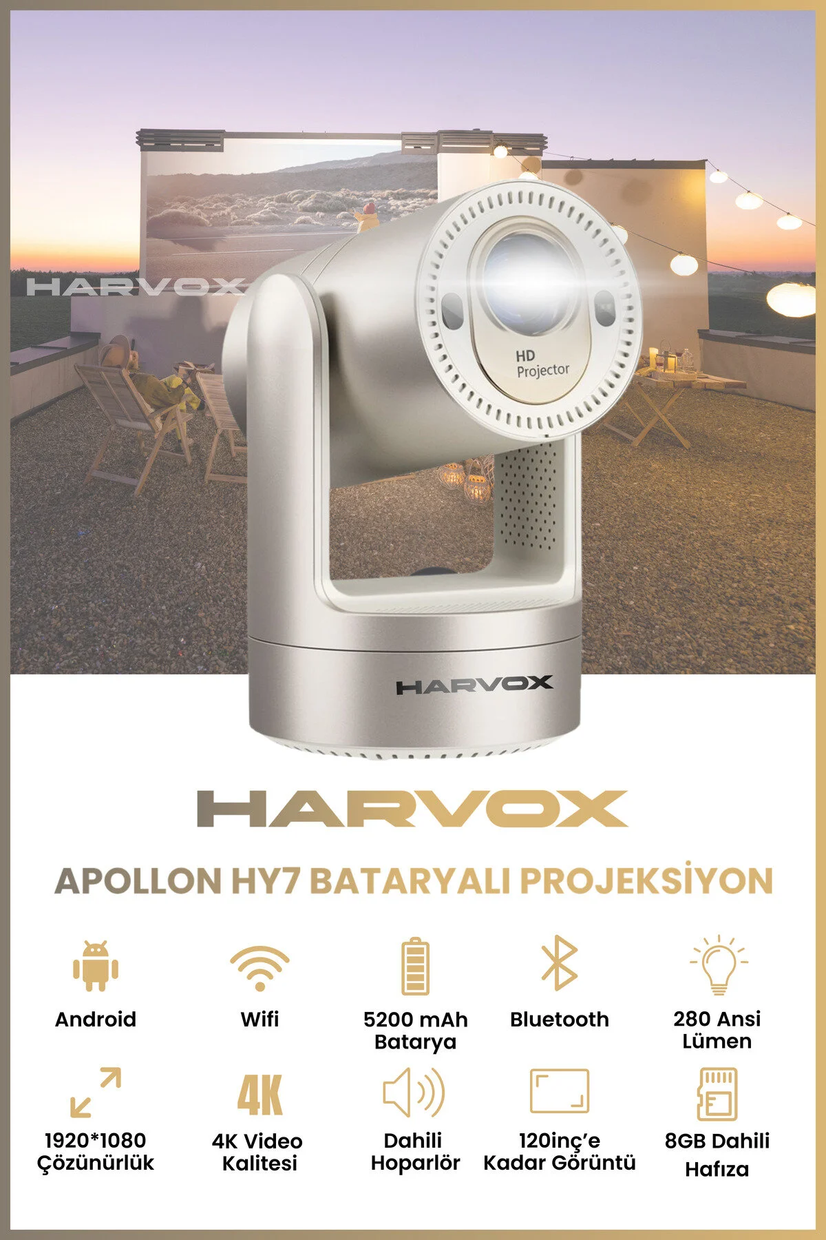 HARVOX Apollon HY7 Bataryalı Projeksiyon Cihazı Taşınabilir 4K Destekli 1080P Android Sistemli Projektör