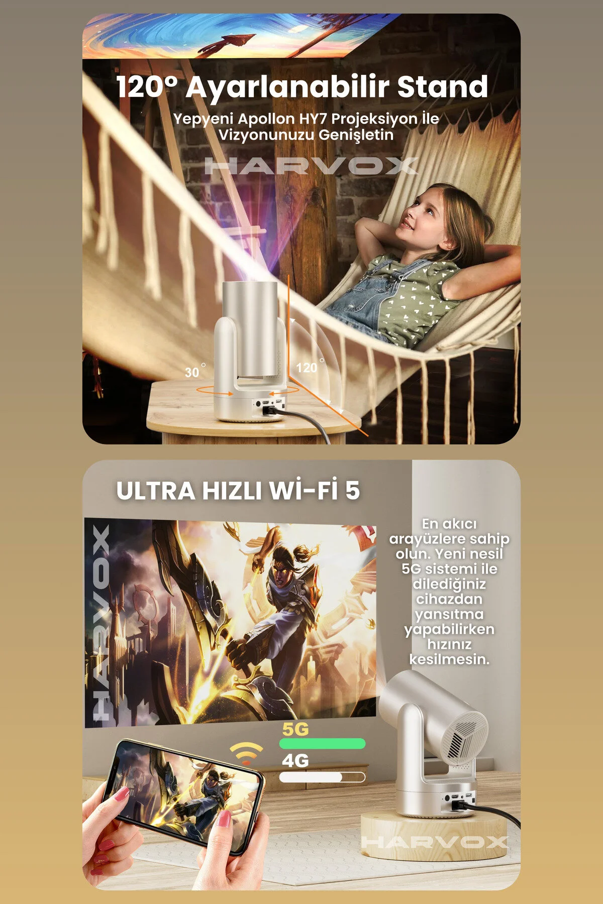 HARVOX Apollon HY7 Bataryalı Projeksiyon Cihazı Taşınabilir 4K Destekli 1080P Android Sistemli Projektör