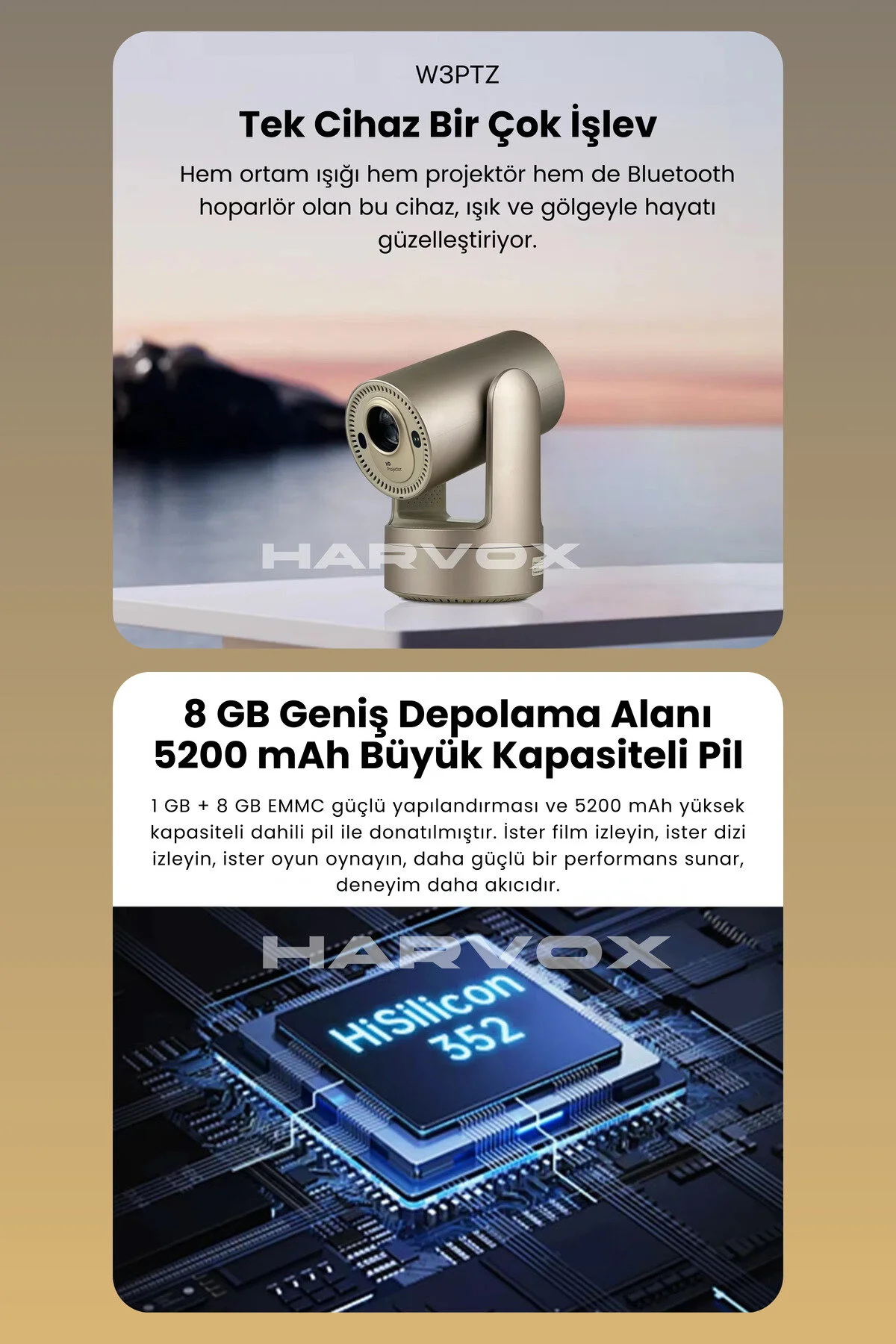 HARVOX Apollon HY7 Bataryalı Projeksiyon Cihazı Taşınabilir 4K Destekli 1080P Android Sistemli Projektör