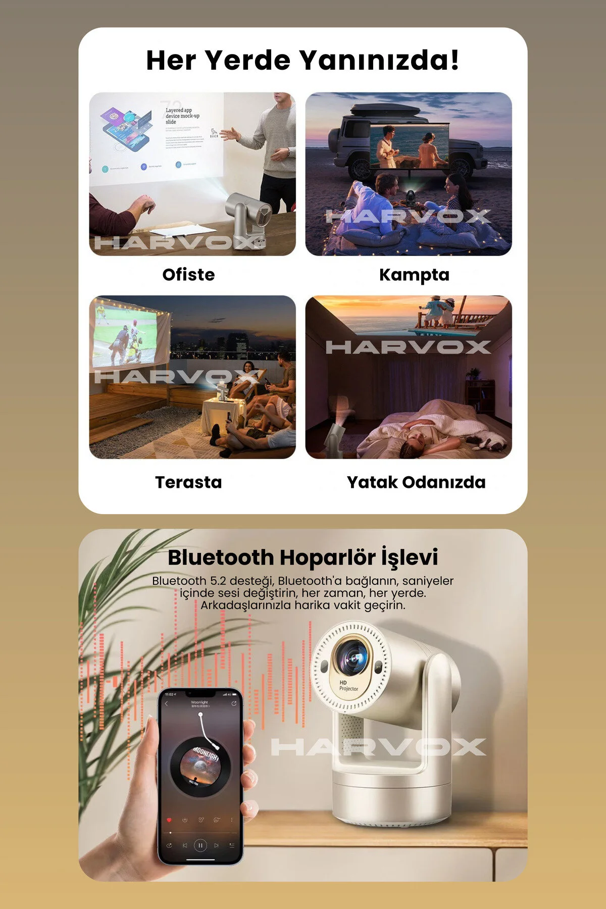 HARVOX Apollon HY7 Bataryalı Projeksiyon Cihazı Taşınabilir 4K Destekli 1080P Android Sistemli Projektör