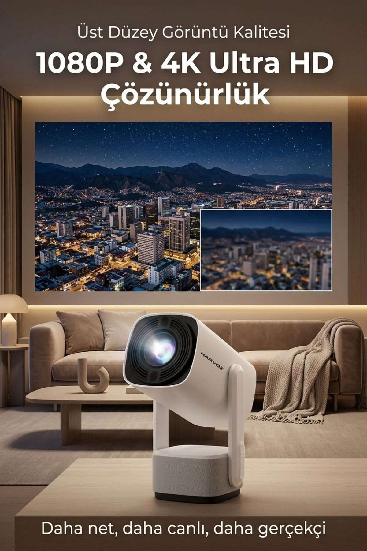 HARVOX Bataryalı Projeksiyon Cihazı Taşınabilir 4K Destekli 1080P Android Sistemli Perde Hediyeli