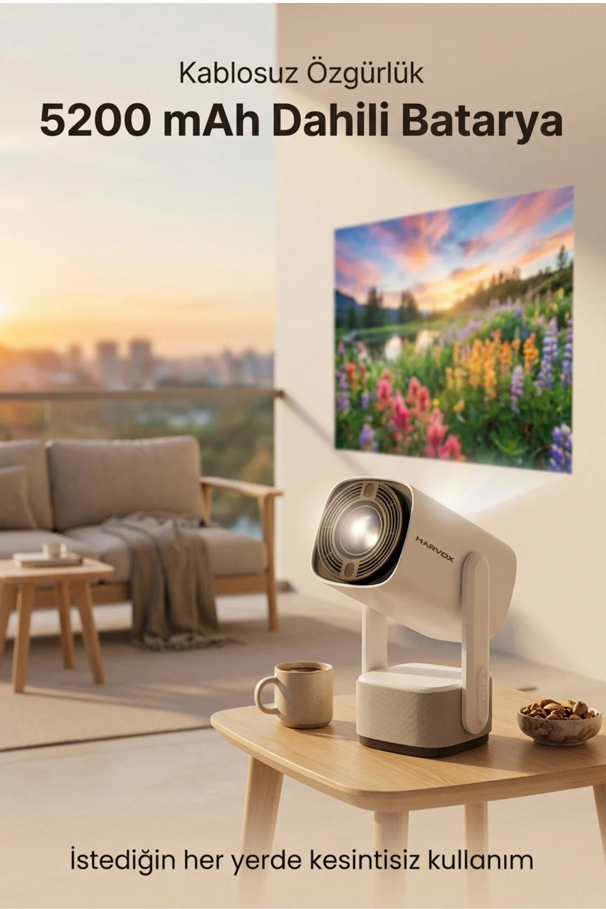 HARVOX Bataryalı Projeksiyon Cihazı Taşınabilir 4K Destekli 1080P Android Sistemli Perde Hediyeli