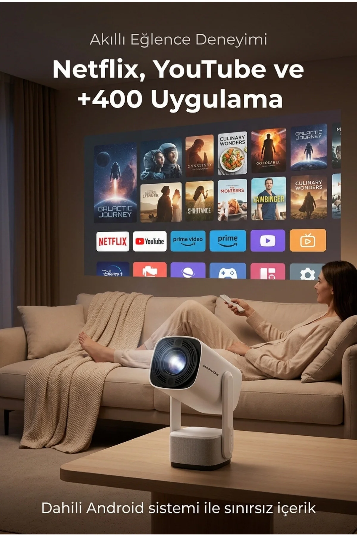 HARVOX Bataryalı Projeksiyon Cihazı Taşınabilir 4K Destekli 1080P Android Sistemli Perde Hediyeli