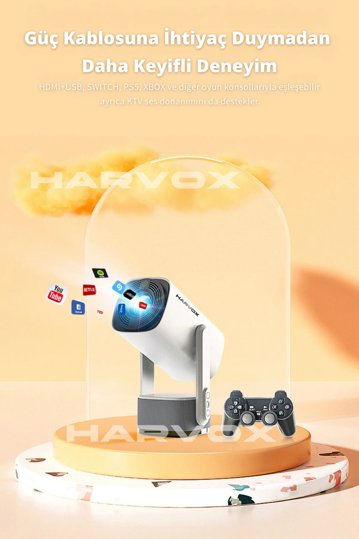 HARVOX K2 Bataryalı Projeksiyon Cihazı Taşınabilir 4K Destekli 1080P Android Sistemli Projektör