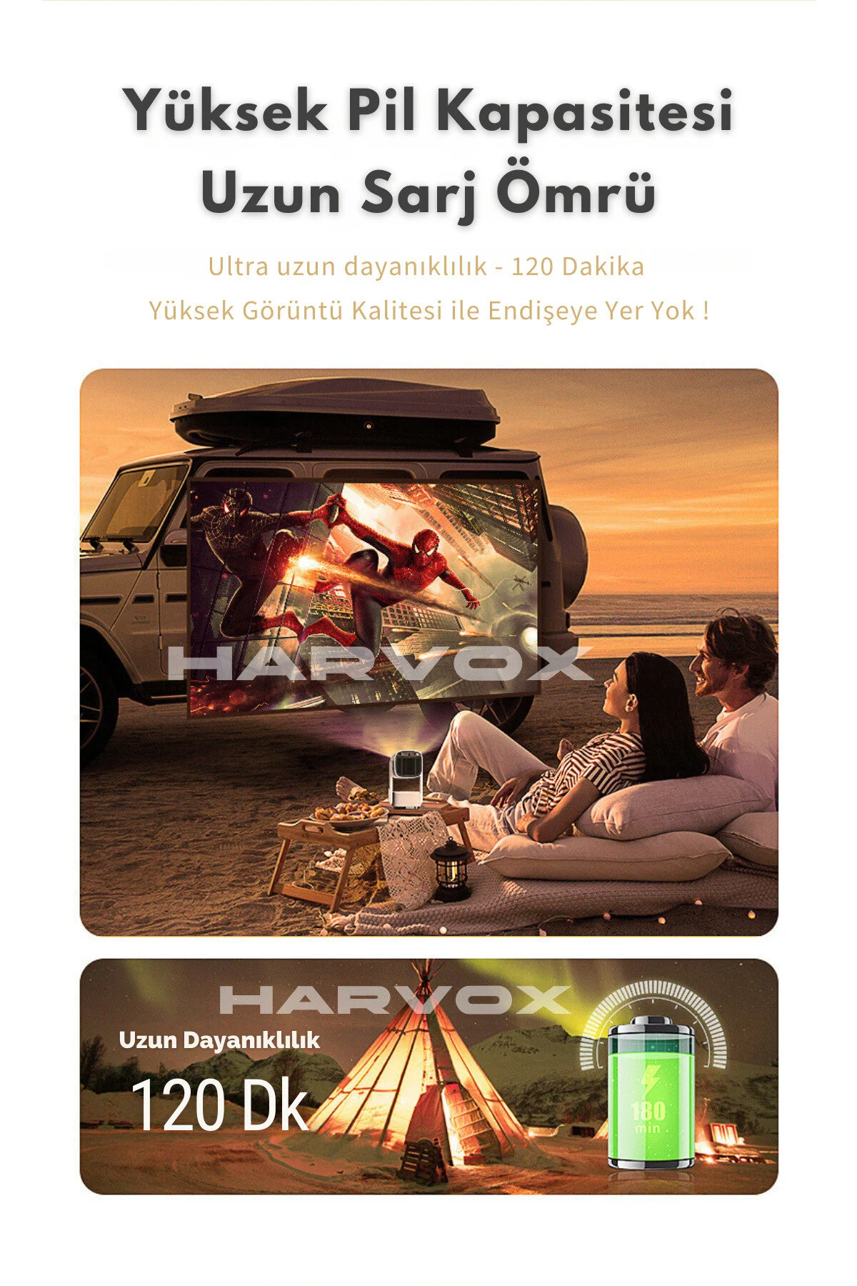 HARVOX K2 Bataryalı Projeksiyon Cihazı Taşınabilir 4K Destekli 1080P Android Sistemli Projektör