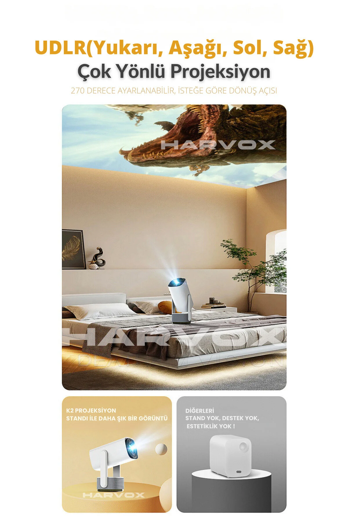 HARVOX K2 Bataryalı Projeksiyon Cihazı Taşınabilir 4K Destekli 1080P Android Sistemli Projektör