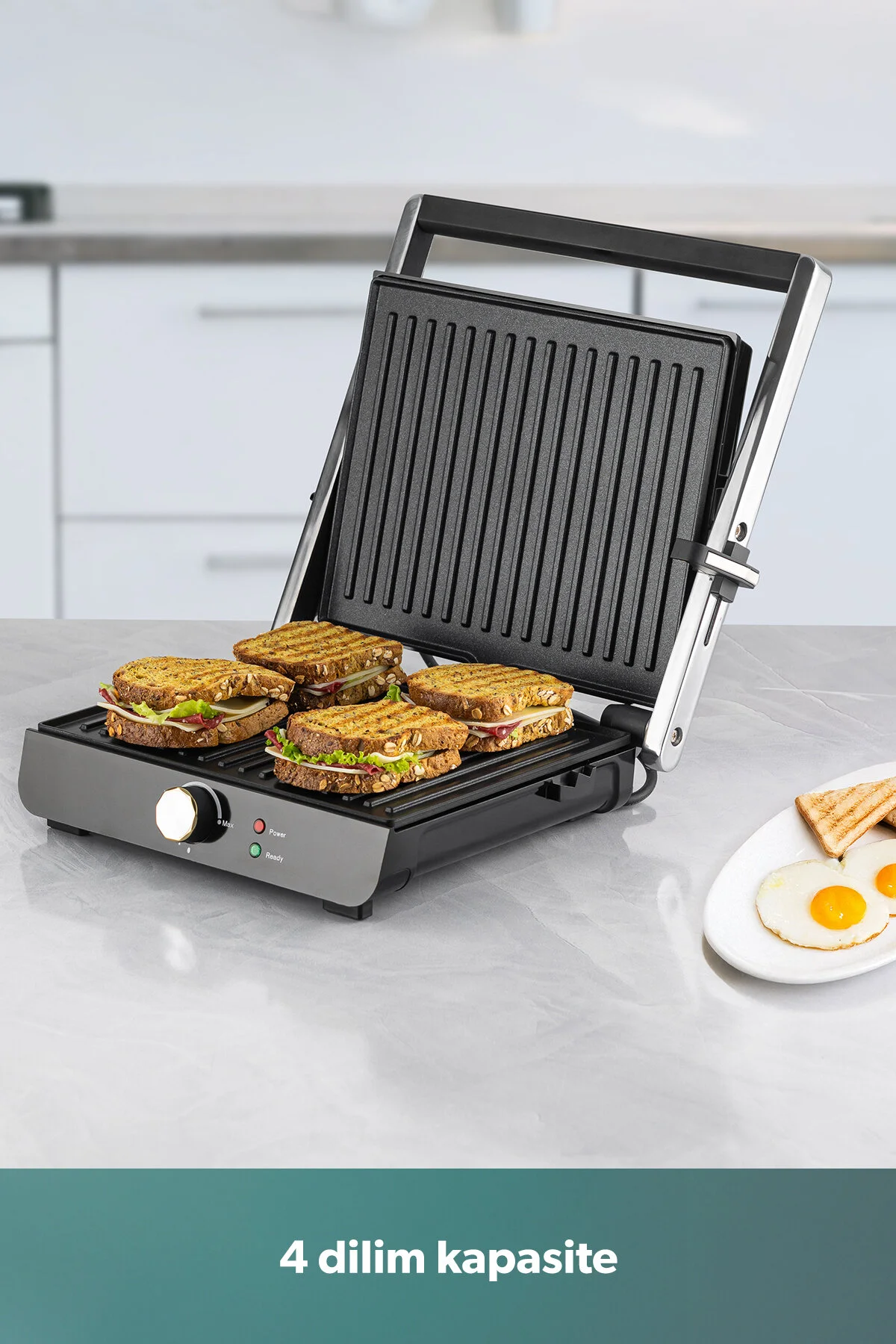 HOMEND Grilliant 1349H 4 Dilim Kapasiteli Gövdeli Döküm Plakalı Tost ve Izgara Makinesi Inox 2000W