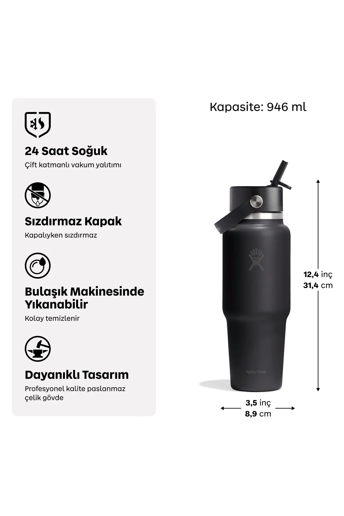 Hydro Flask Geniş Kapak Pipetli Seyahat Tipi Termos 946 ml (32 Oz) - Birch Gri