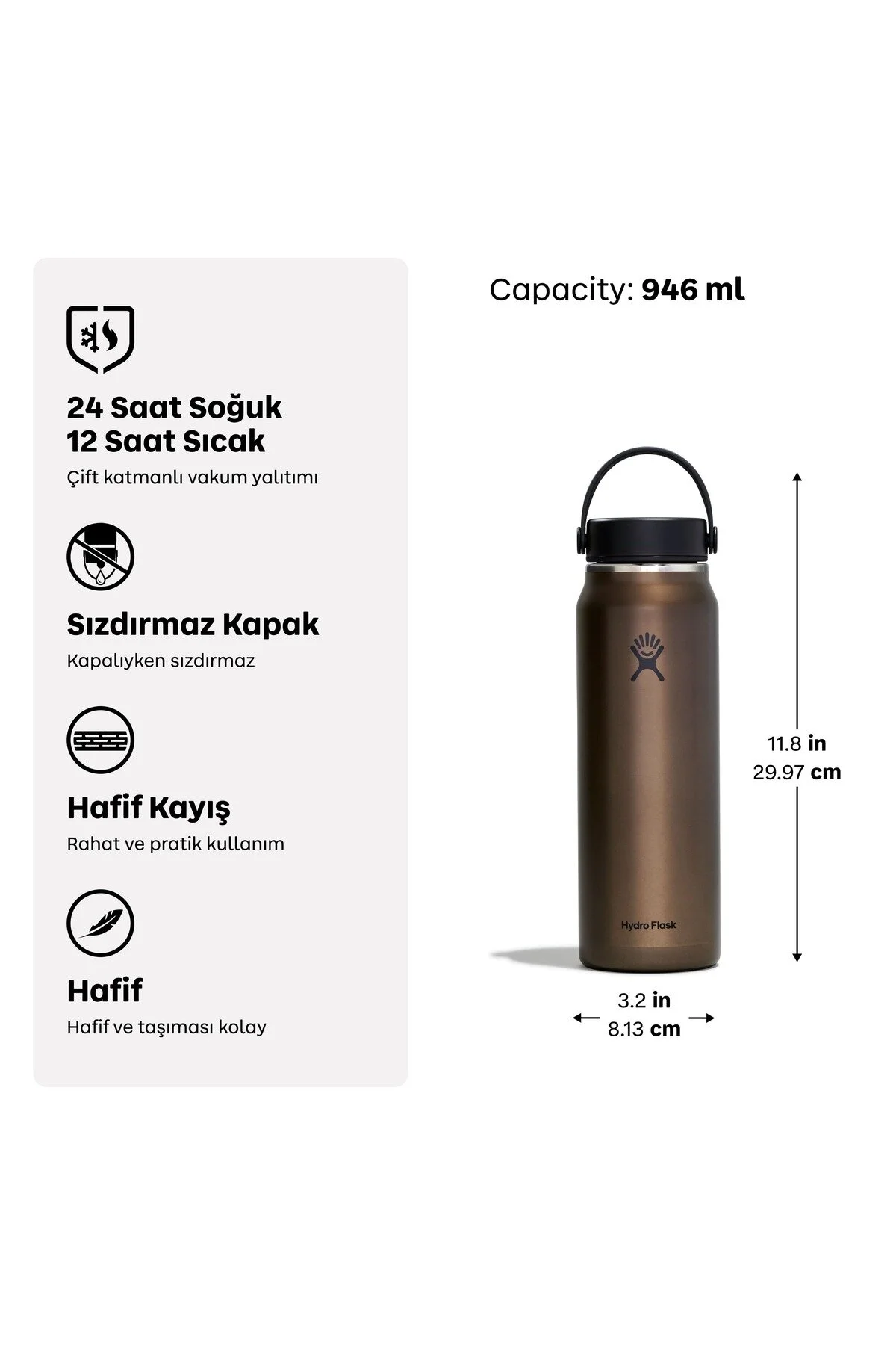 Hydro Flask Lightweight Hafif Seri Geniş Kapak Termos 946 ml (32 Oz) - Obsidian Kahverengi