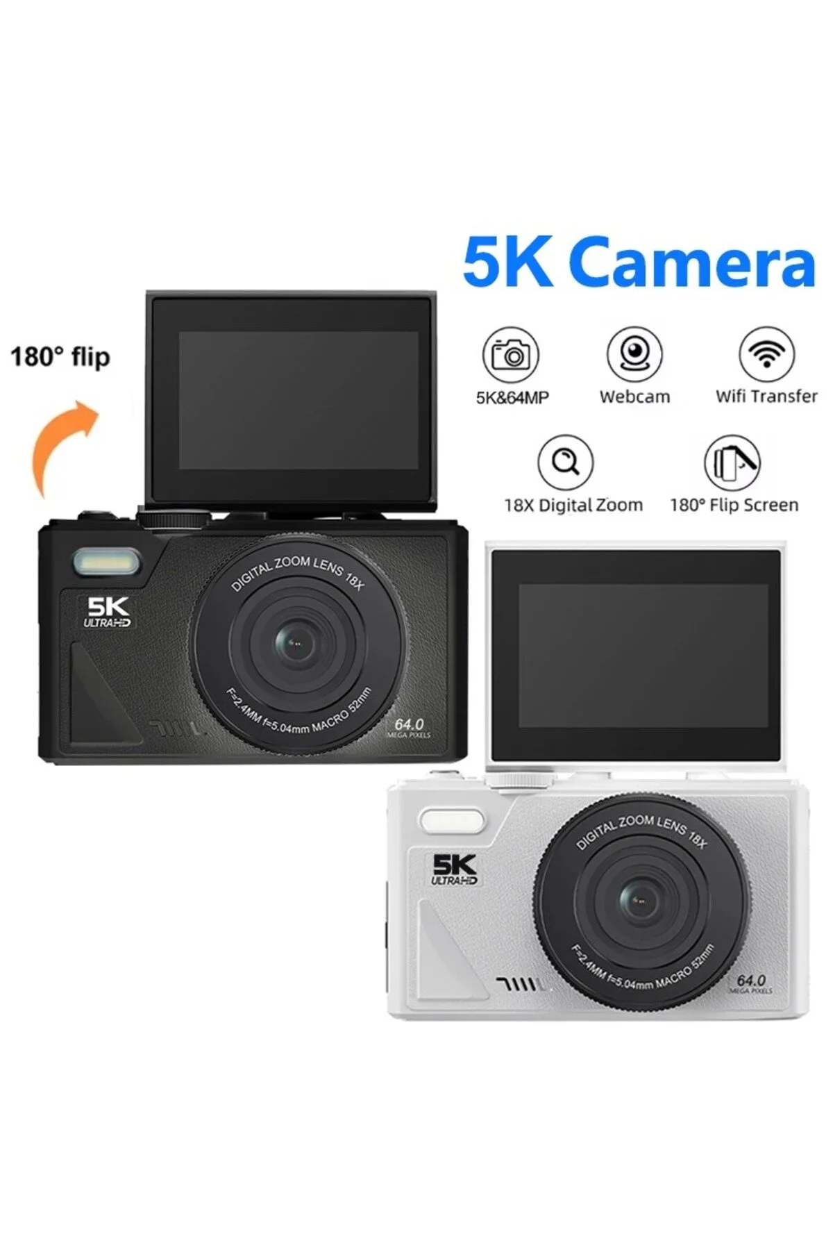 İMEXTECH W1 5K 75MP 18X Zoom Flaşlı 3” Flip Ekranlı Türkçe 64GB Kart Dijital Vlog Fotoğraf Makinesi