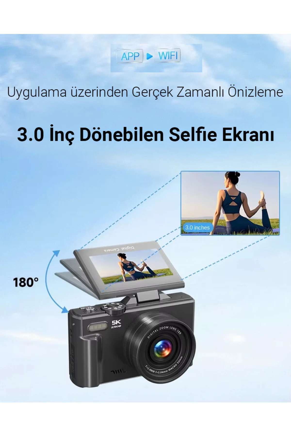 İMEXTECH W1 5K 75MP 18X Zoom Flaşlı 3” Flip Ekranlı Türkçe 64GB Kart Dijital Vlog Fotoğraf Makinesi