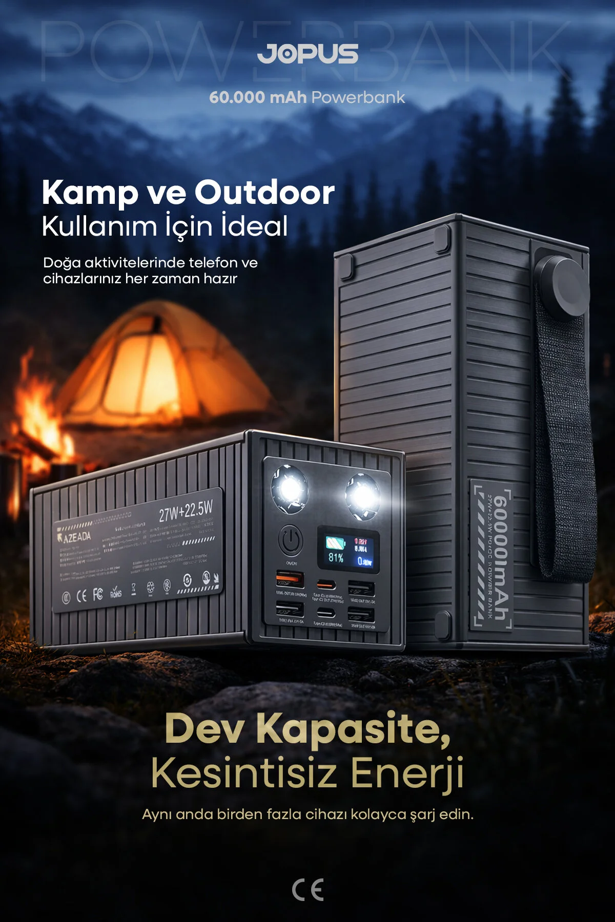 Jopus 60.000 mAh 27W Süper Hızlı Outdoor Kamp Powerbank Dijital Göstergeli Fenerli Taşınabilir Şarj Cihazı